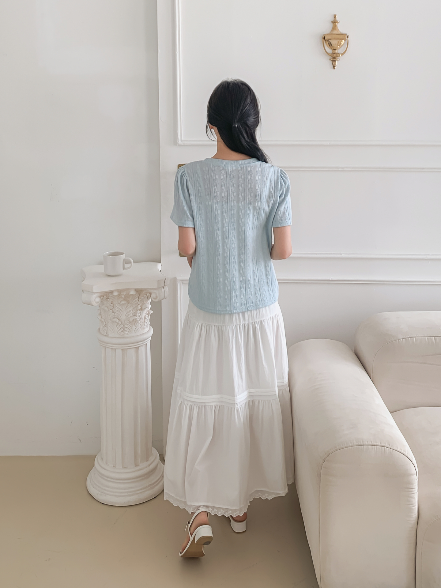 ラウンドネックパフスリーブ半袖ギャザーケーブルブラウス | 詳細画像23