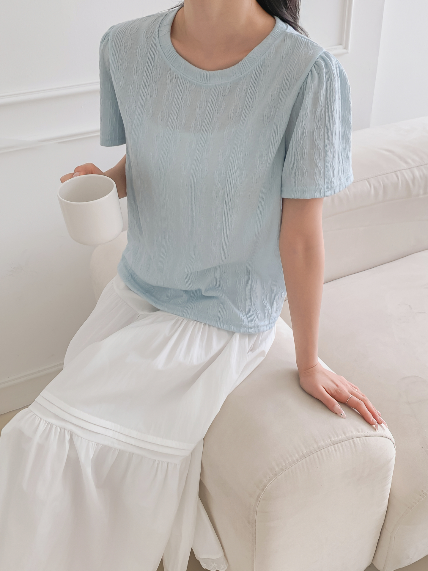 ラウンドネックパフスリーブ半袖ギャザーケーブルブラウス | 詳細画像24