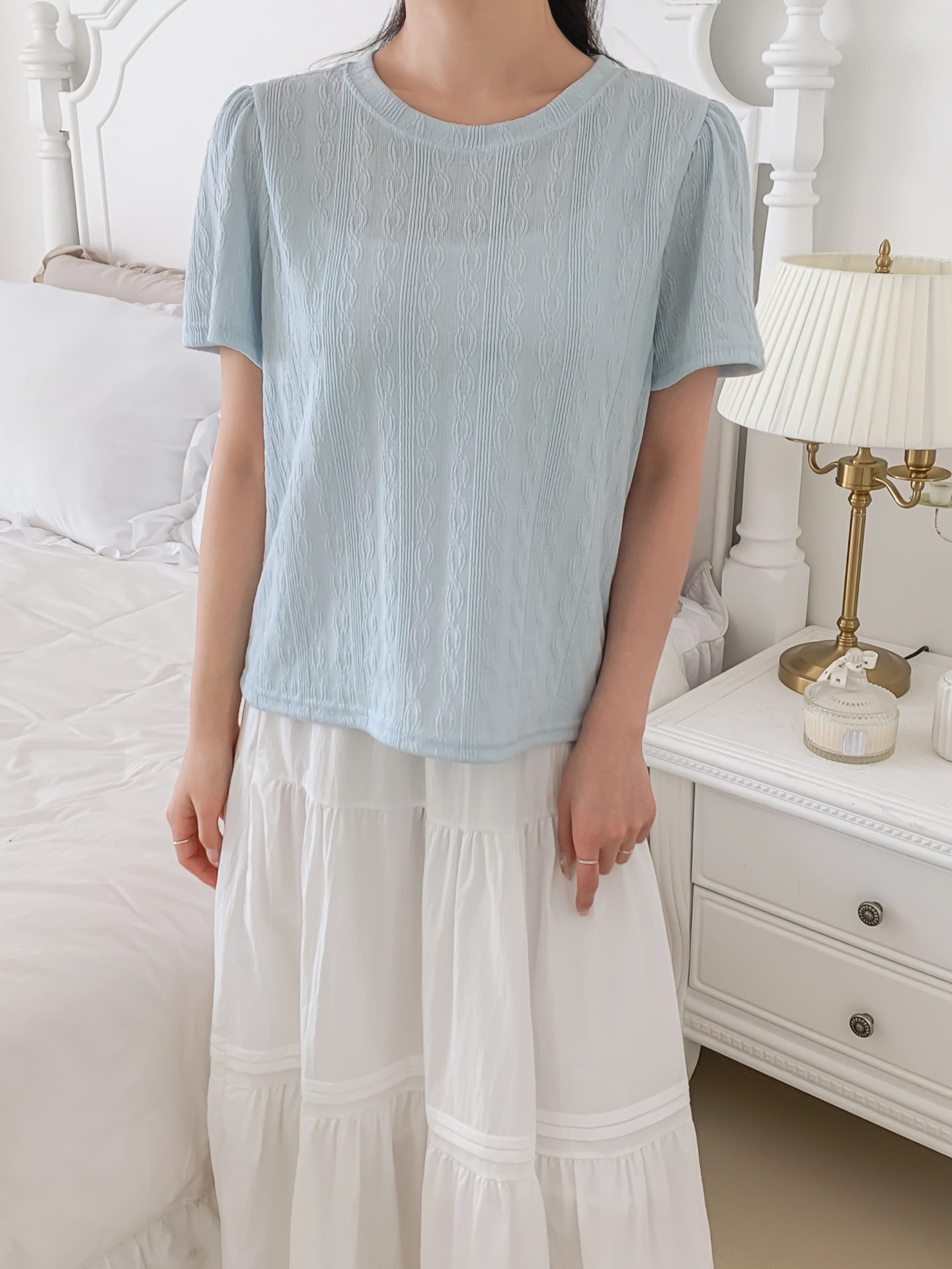 ラウンドネックパフスリーブ半袖ギャザーケーブルブラウス | 詳細画像25