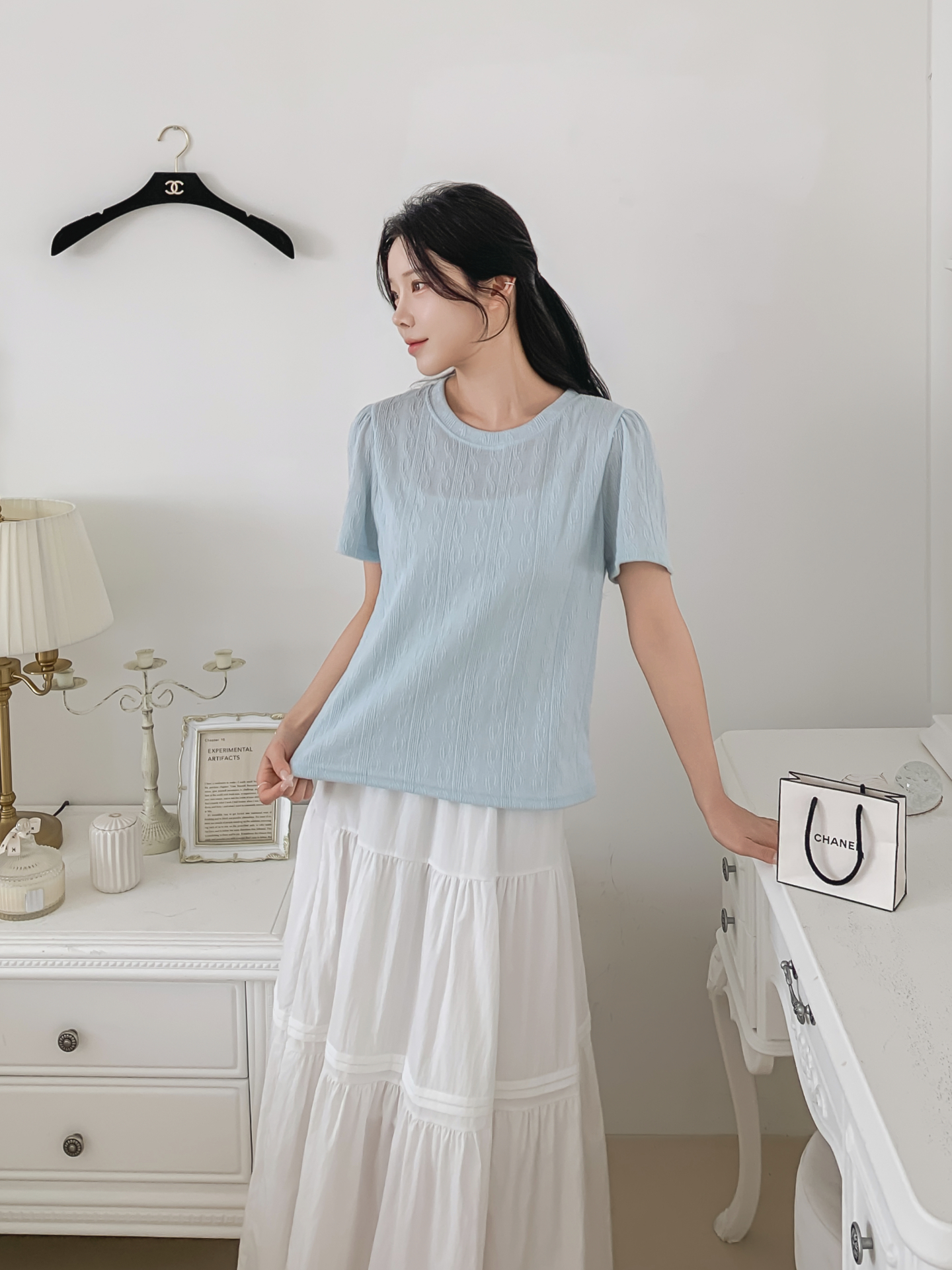 ラウンドネックパフスリーブ半袖ギャザーケーブルブラウス | 詳細画像26