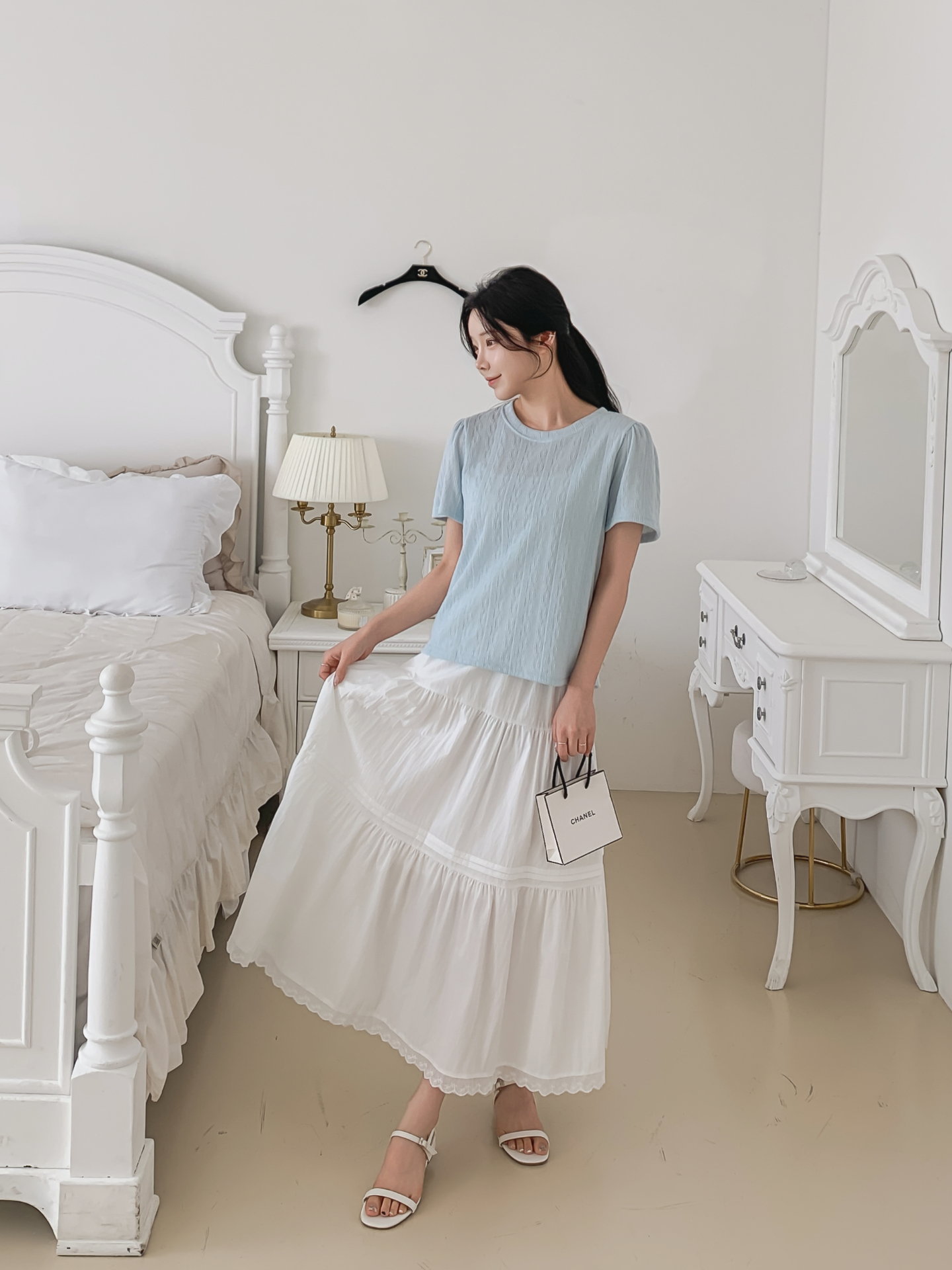 ラウンドネックパフスリーブ半袖ギャザーケーブルブラウス | 詳細画像30