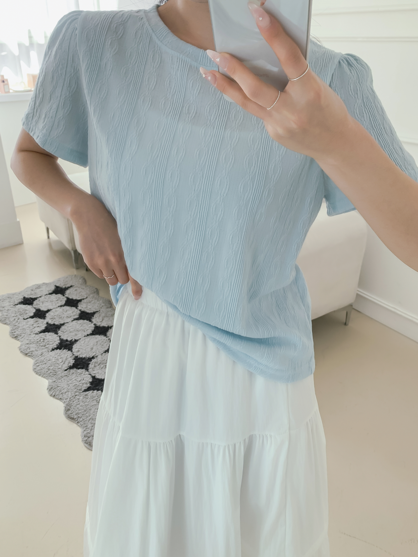 ラウンドネックパフスリーブ半袖ギャザーケーブルブラウス | 詳細画像31