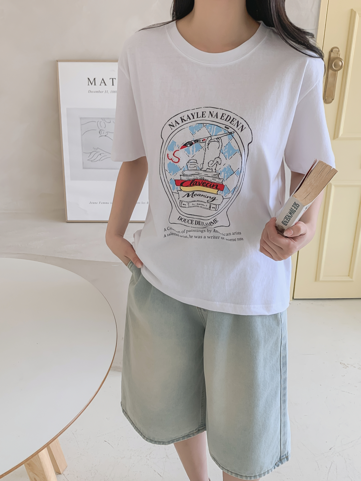 コットンラウンドネックオーバーサイズルーズ半袖プリントTシャツ | 詳細画像3