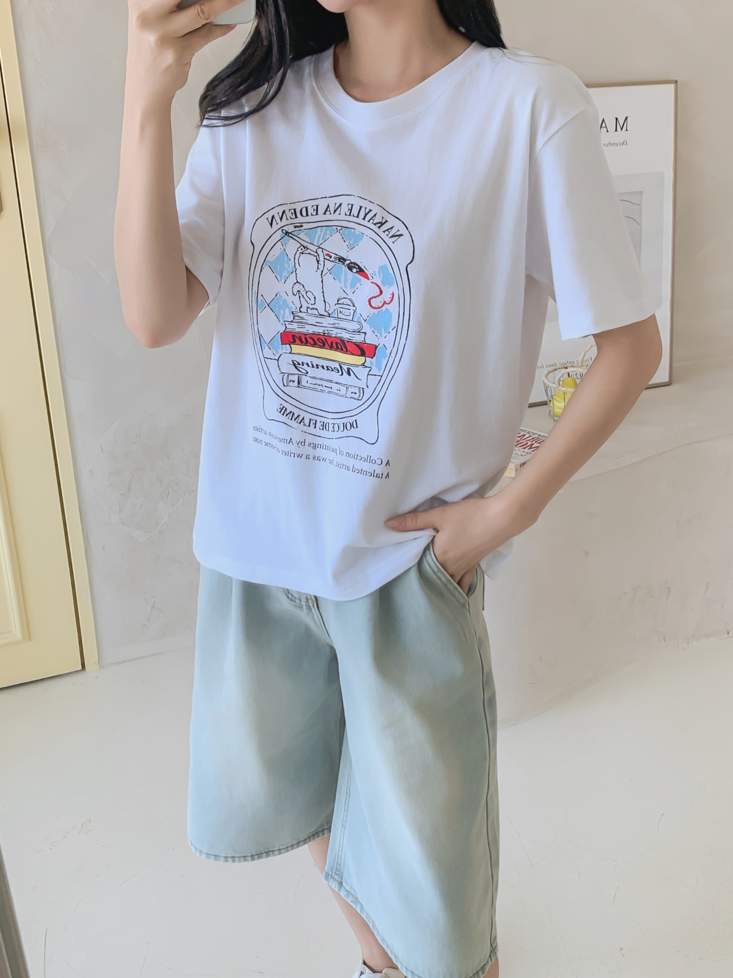 コットンラウンドネックオーバーサイズルーズ半袖プリントTシャツ | 詳細画像15
