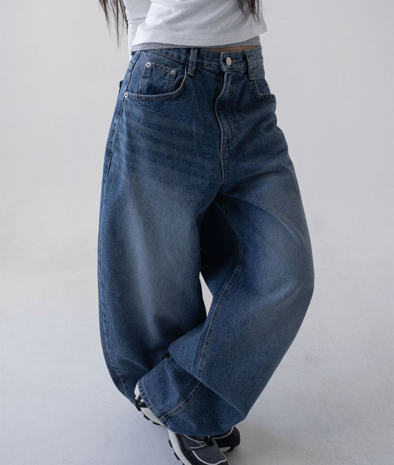 デニムコットンウォッシングワイドライトブルーデニムパンツ 
