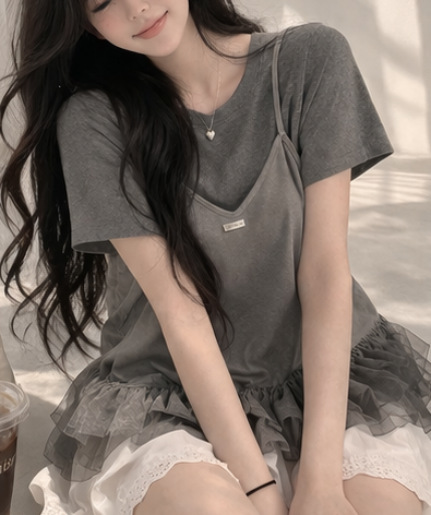 コンビラウンドネックVネックフリルティアードクロップドルーズ半袖クロシェTシャツビスチェアンサンブル | 詳細画像2