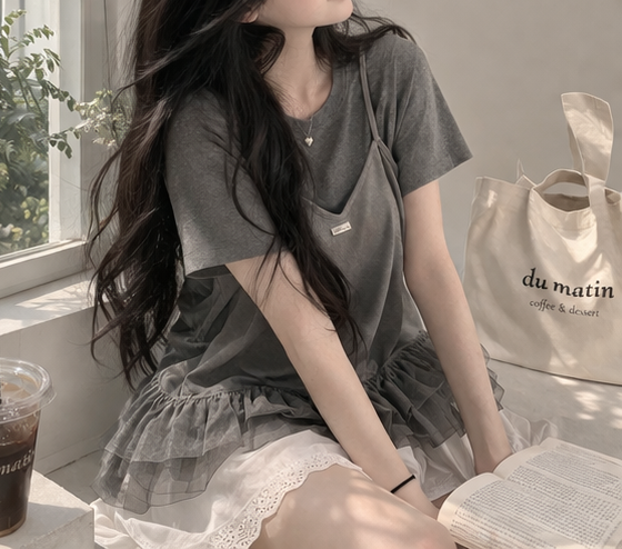 コンビラウンドネックVネックフリルティアードクロップドルーズ半袖クロシェTシャツビスチェアンサンブル | 詳細画像3