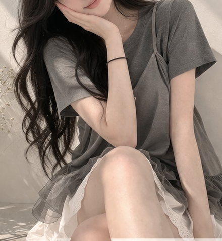 コンビラウンドネックVネックフリルティアードクロップドルーズ半袖クロシェTシャツビスチェアンサンブル | 詳細画像4