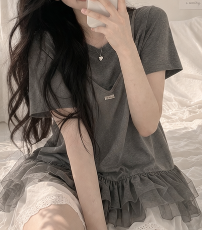 コンビラウンドネックVネックフリルティアードクロップドルーズ半袖クロシェTシャツビスチェアンサンブル | 詳細画像5