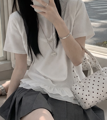 コンビラウンドネックVネックフリルティアードクロップドルーズ半袖クロシェTシャツビスチェアンサンブル | 詳細画像6