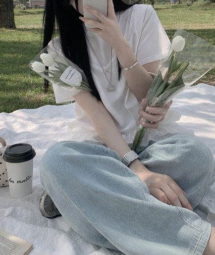 コンビラウンドネックVネックフリルティアードクロップドルーズ半袖クロシェTシャツビスチェアンサンブル | 詳細画像7