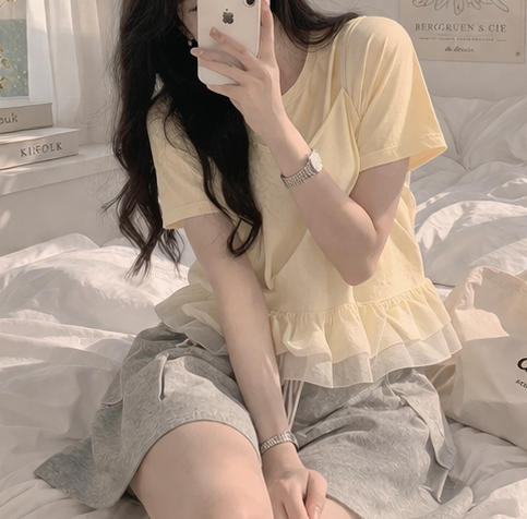 コンビラウンドネックVネックフリルティアードクロップドルーズ半袖クロシェTシャツビスチェアンサンブル | 詳細画像8