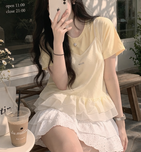 コンビラウンドネックVネックフリルティアードクロップドルーズ半袖クロシェTシャツビスチェアンサンブル | 詳細画像9