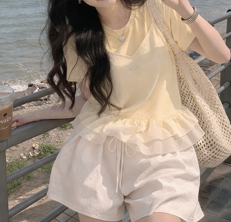 コンビラウンドネックVネックフリルティアードクロップドルーズ半袖クロシェTシャツビスチェアンサンブル | 詳細画像10