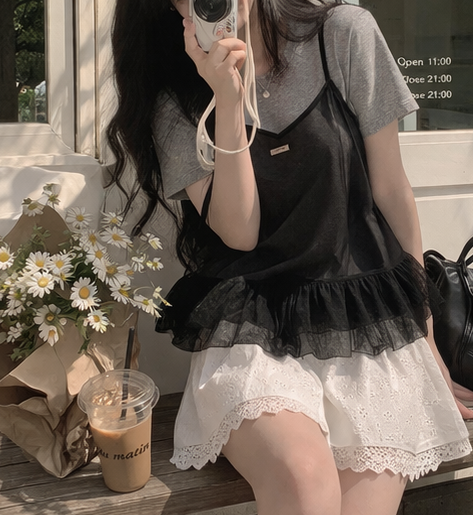 コンビラウンドネックVネックフリルティアードクロップドルーズ半袖クロシェTシャツビスチェアンサンブル | 詳細画像11