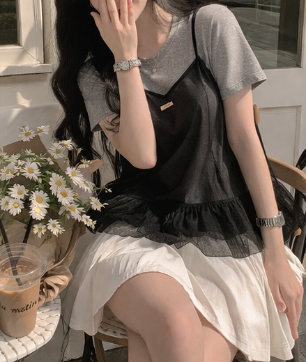 コンビラウンドネックVネックフリルティアードクロップドルーズ半袖クロシェTシャツビスチェアンサンブル | 詳細画像12