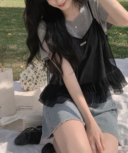 コンビラウンドネックVネックフリルティアードクロップドルーズ半袖クロシェTシャツビスチェアンサンブル | 詳細画像13