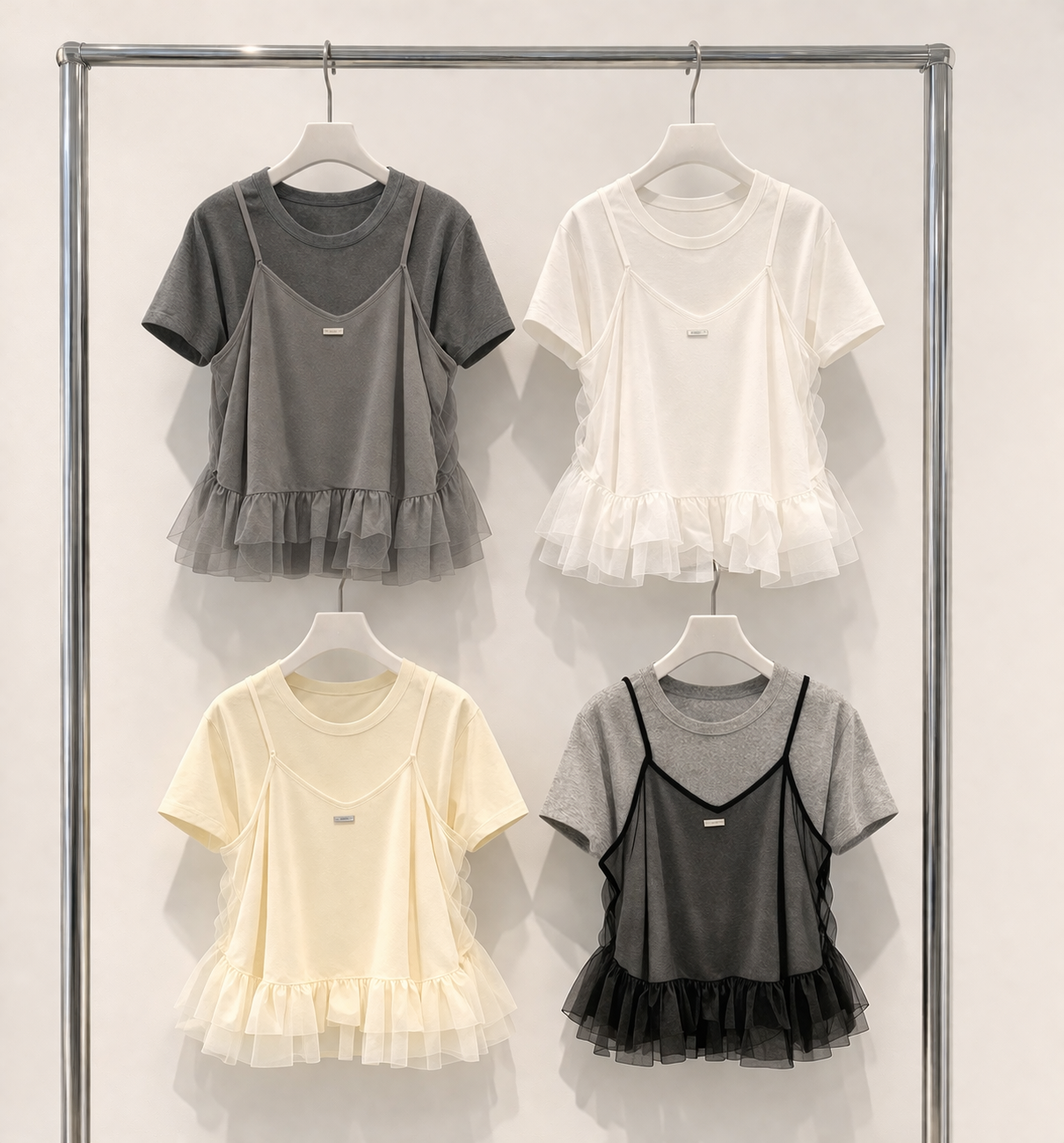 コンビラウンドネックVネックフリルティアードクロップドルーズ半袖クロシェTシャツビスチェアンサンブル | 詳細画像14