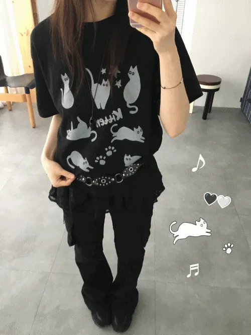 ラウンドネックベーシックオーバーサイズボクシールーズ半袖猫Tシャツ | banincci | 詳細画像1