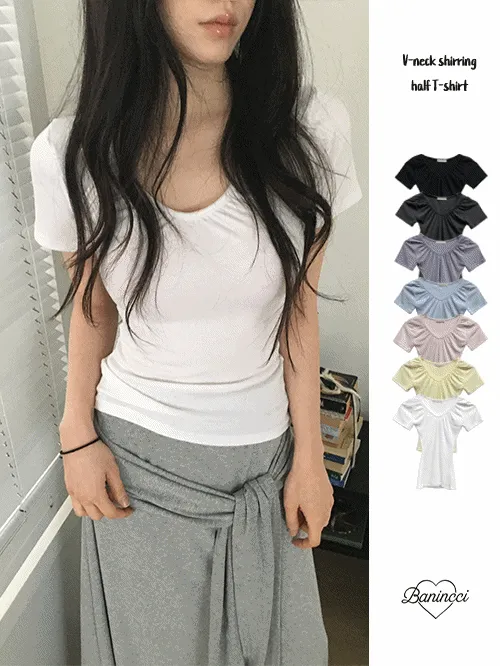 Vネックスリム半袖ギャザーベーシックTシャツ | banincci | 詳細画像1
