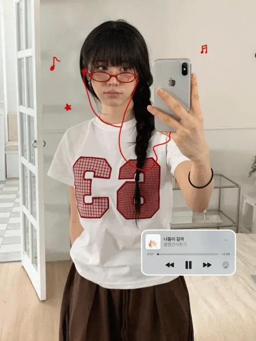 コットンラウンドネックパッチベーシックスリム半袖チェックTシャツ | banincci | 詳細画像1