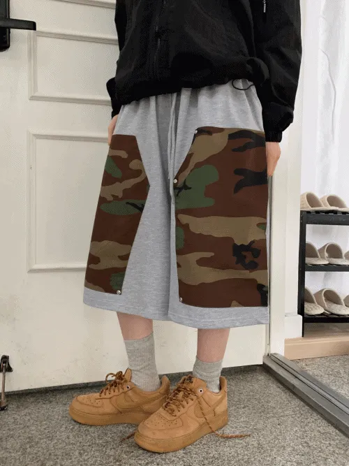 配色コットンポケットウエストゴムバミューダカモフラージュトレーニングショートパンツ | banincci | 詳細画像1