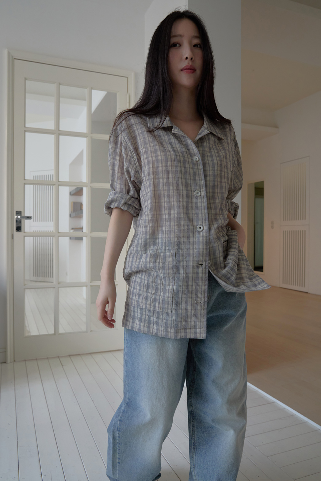 ストレッチコットンカラーベーシックハーフボタンチェックジャケットSS | 詳細画像7