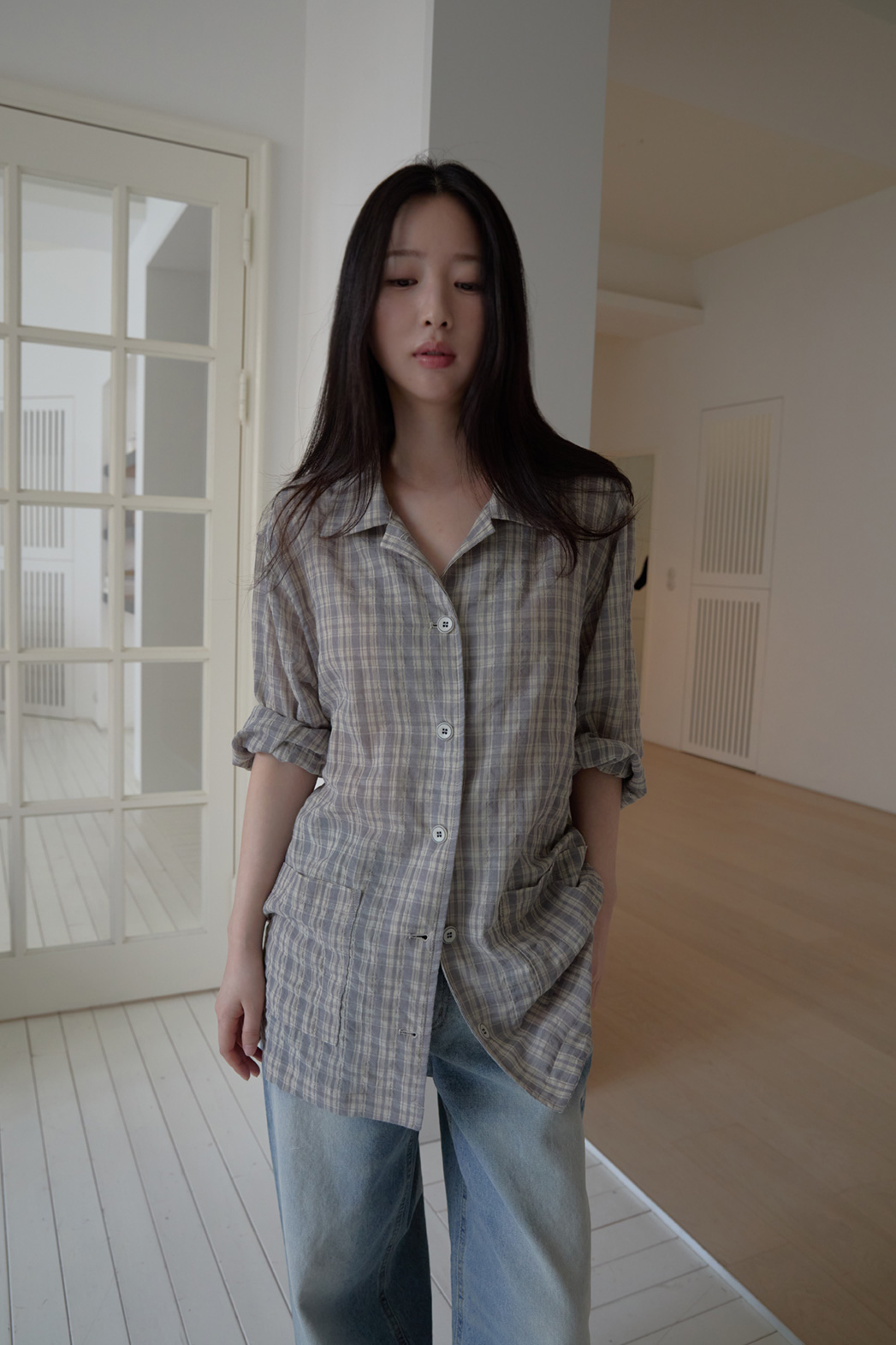 ストレッチコットンカラーベーシックハーフボタンチェックジャケットSS | 詳細画像9
