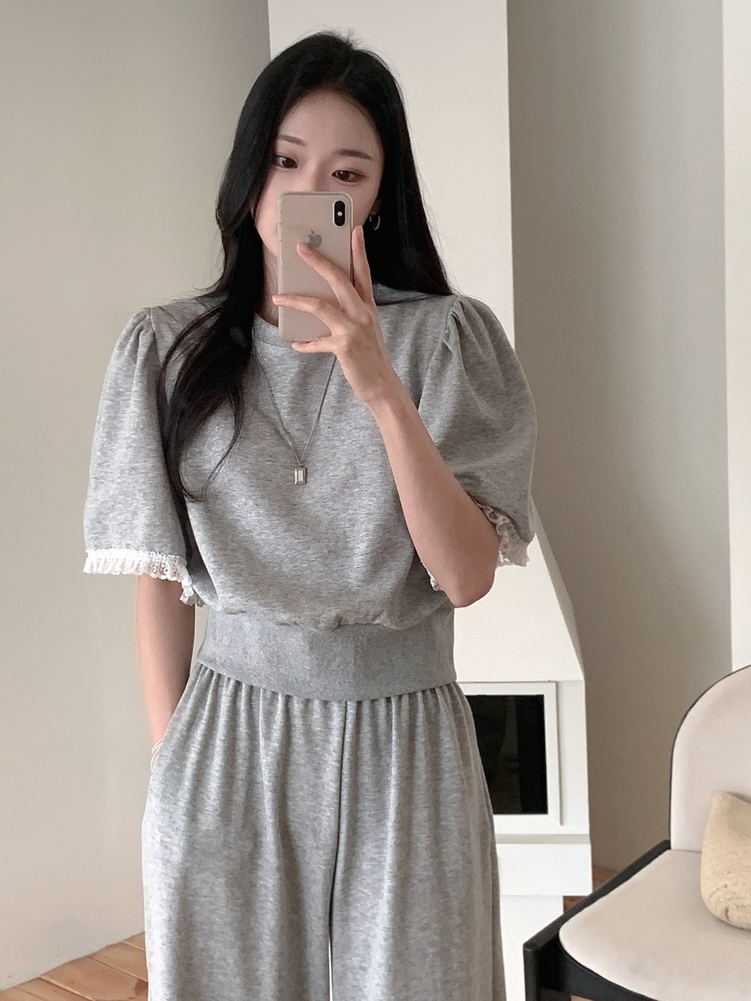 レースラウンドネックポケットウエストゴムパフスリーブ半袖ワイドセットアップパンツTシャツ | 詳細画像2