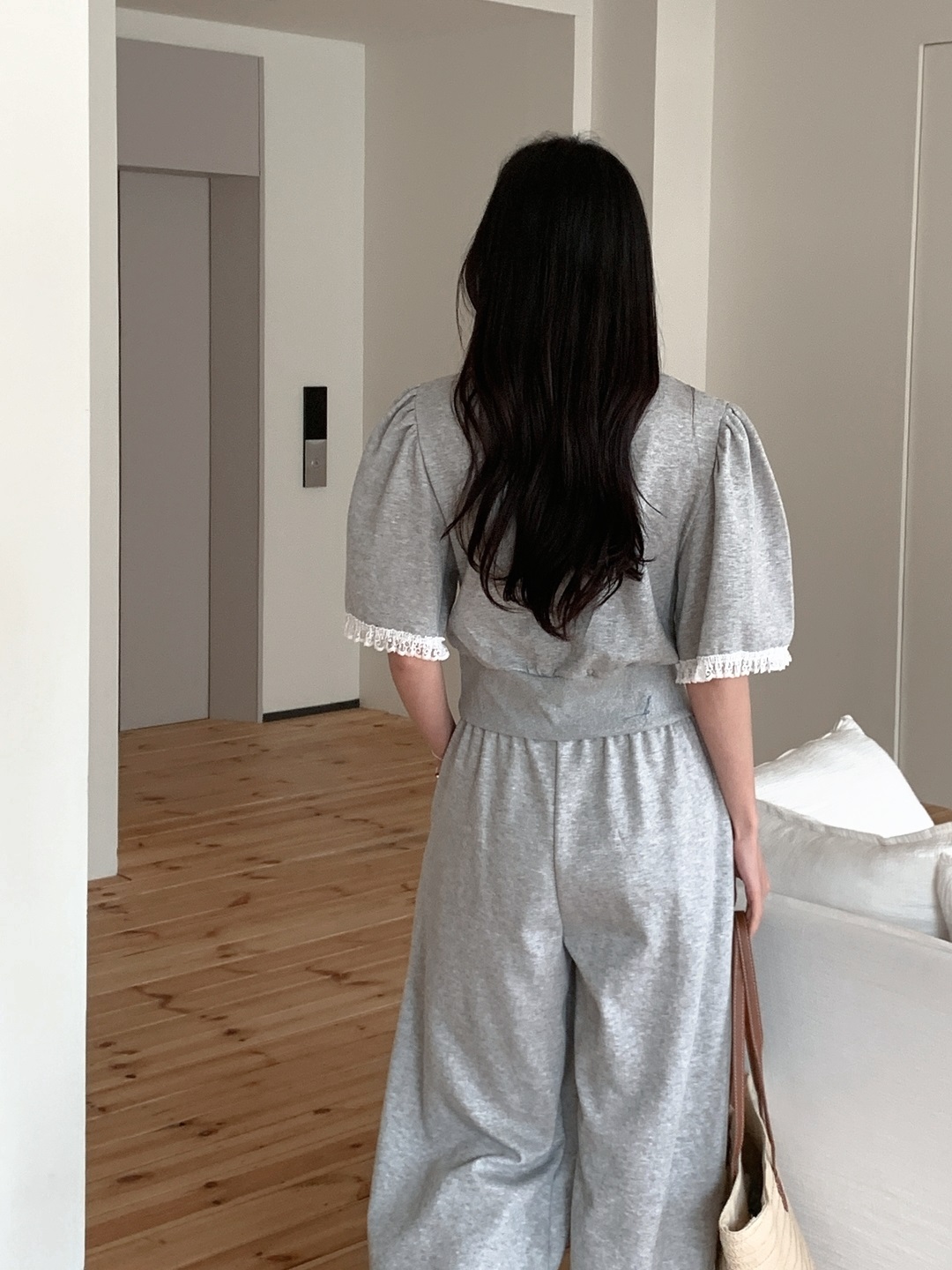 レースラウンドネックポケットウエストゴムパフスリーブ半袖ワイドセットアップパンツTシャツ | 詳細画像9