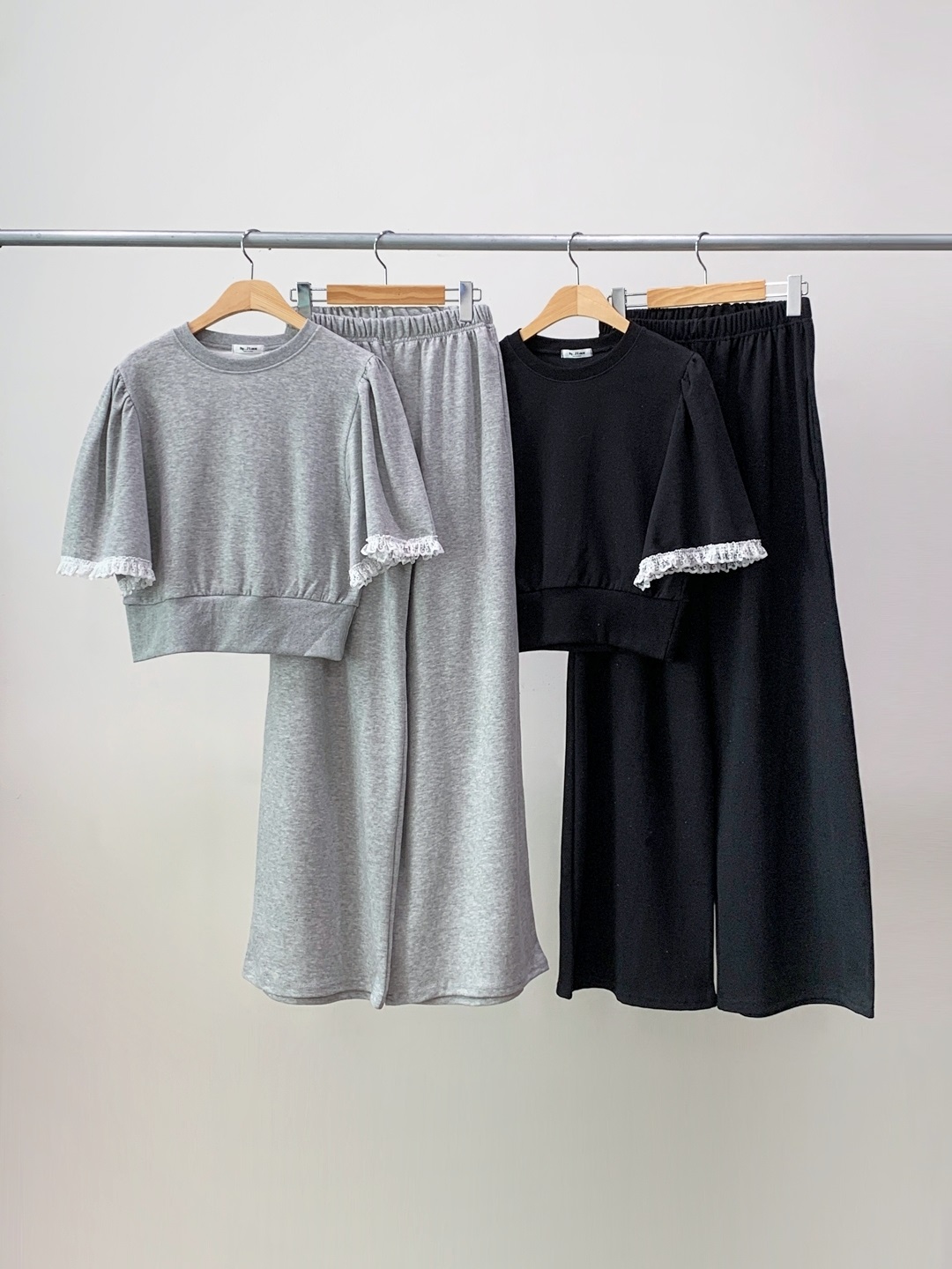 レースラウンドネックポケットウエストゴムパフスリーブ半袖ワイドセットアップパンツTシャツ | 詳細画像14