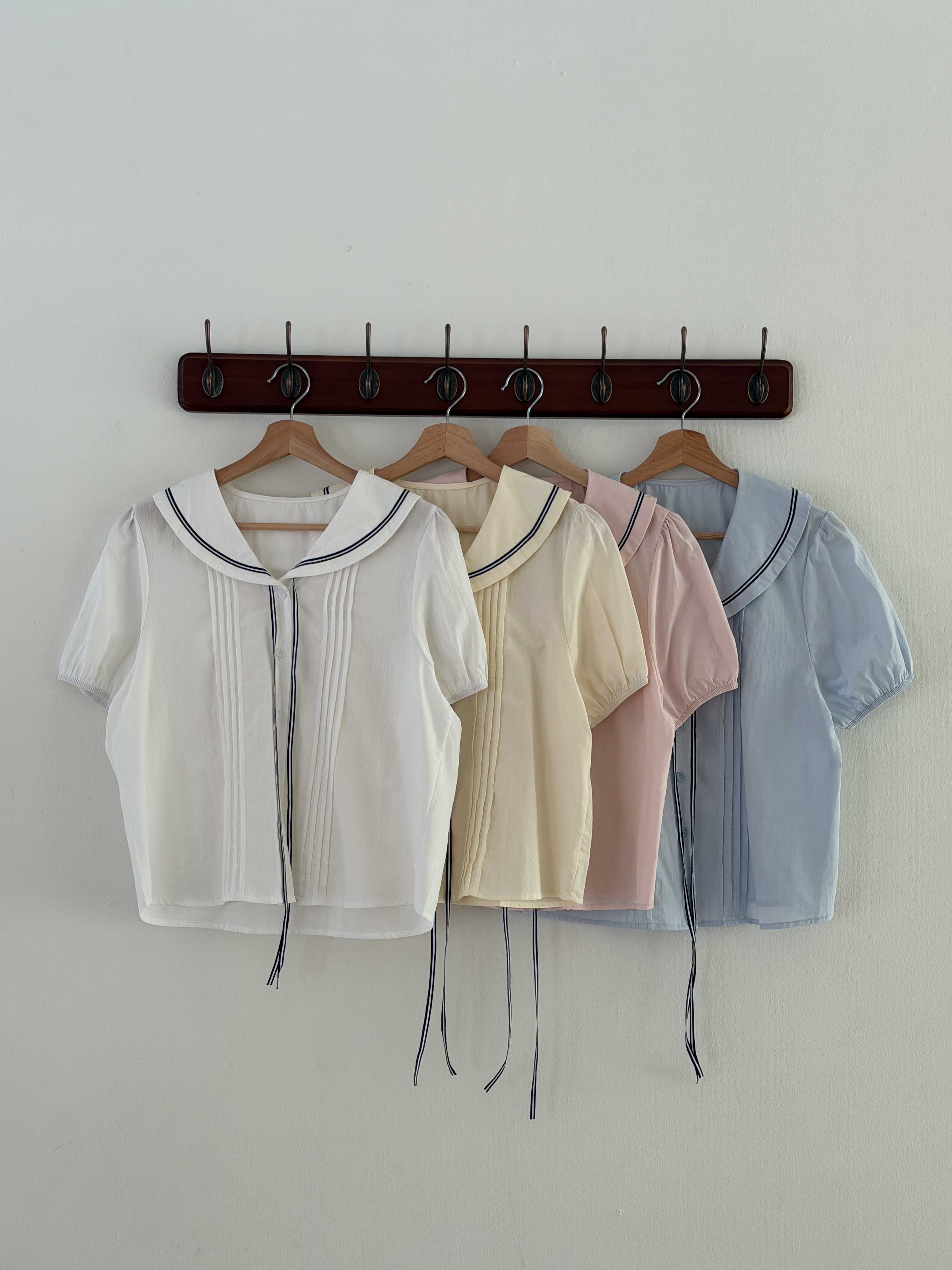 コットンセーラーカラーピンタックパフスリーブ半袖リボンブラウス | 詳細画像2