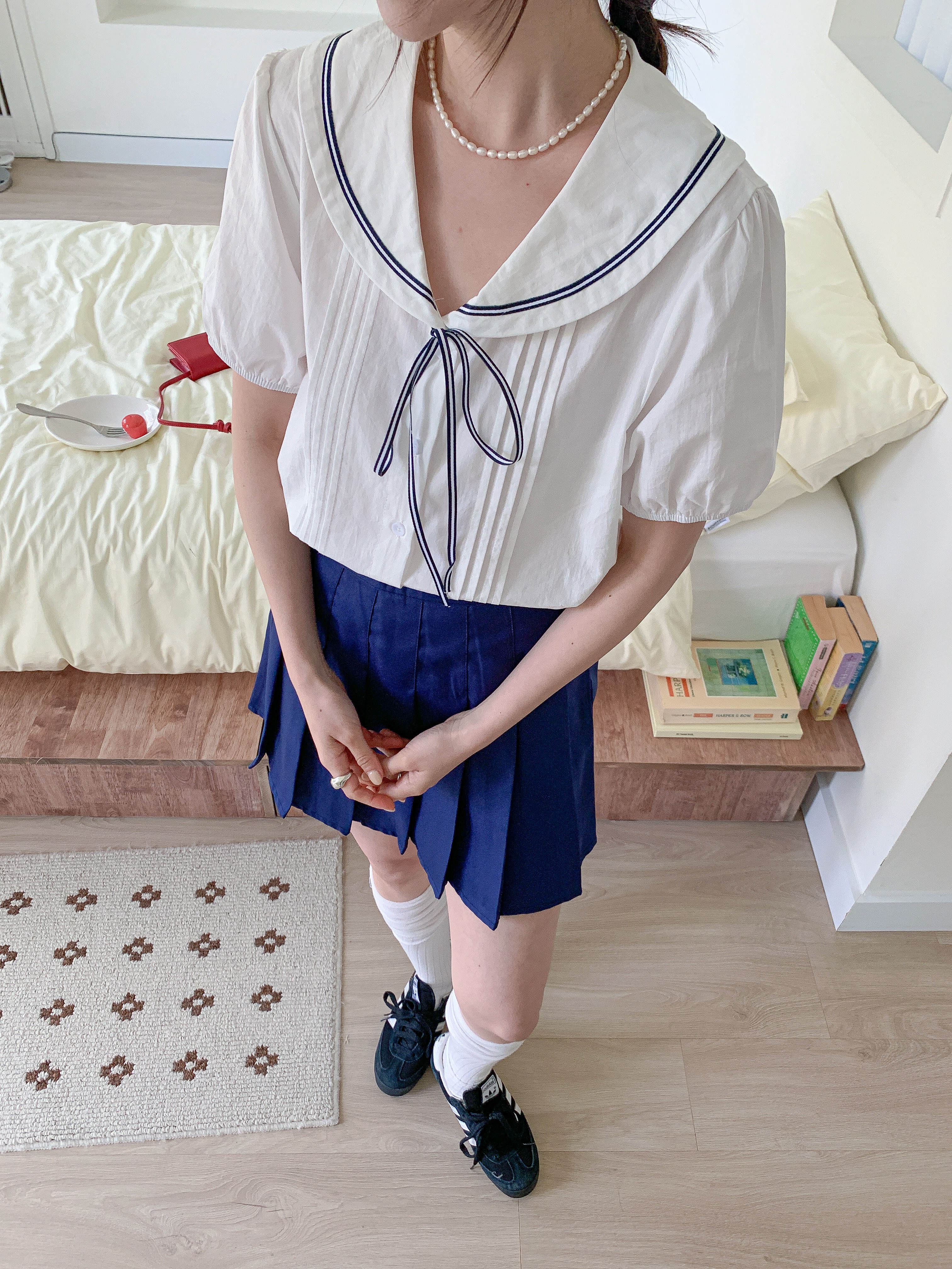 コットンセーラーカラーピンタックパフスリーブ半袖リボンブラウス | 詳細画像3