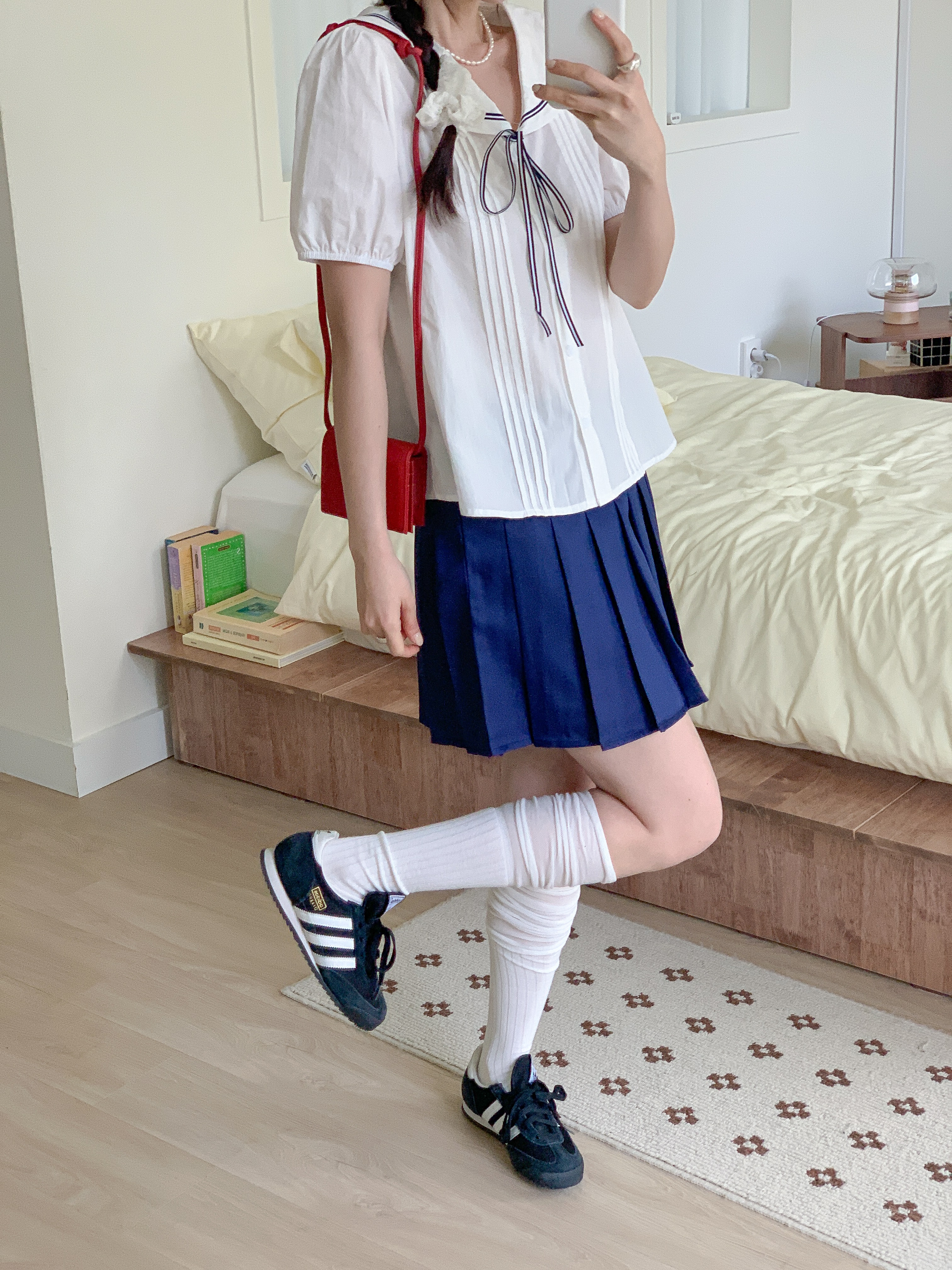 コットンセーラーカラーピンタックパフスリーブ半袖リボンブラウス | 詳細画像4