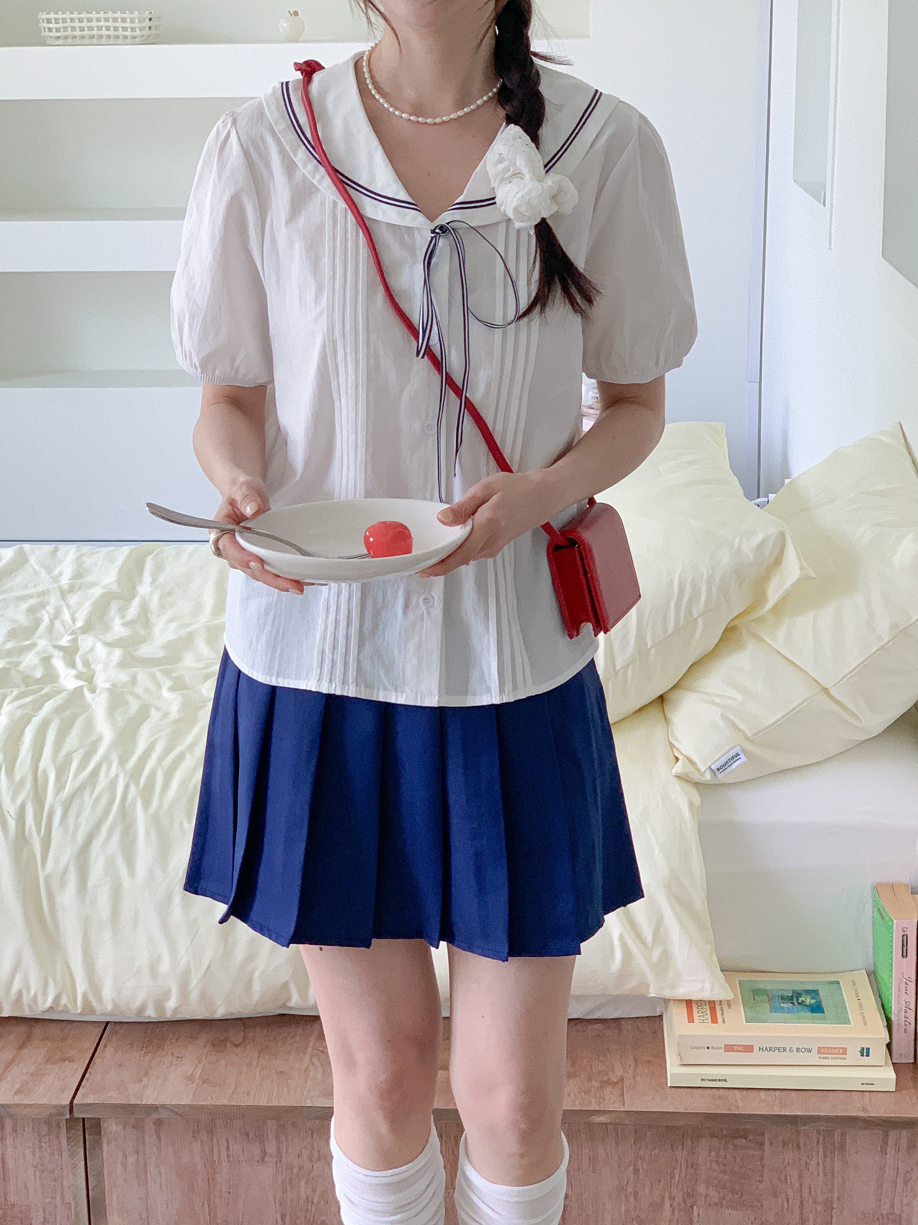 コットンセーラーカラーピンタックパフスリーブ半袖リボンブラウス | 詳細画像5