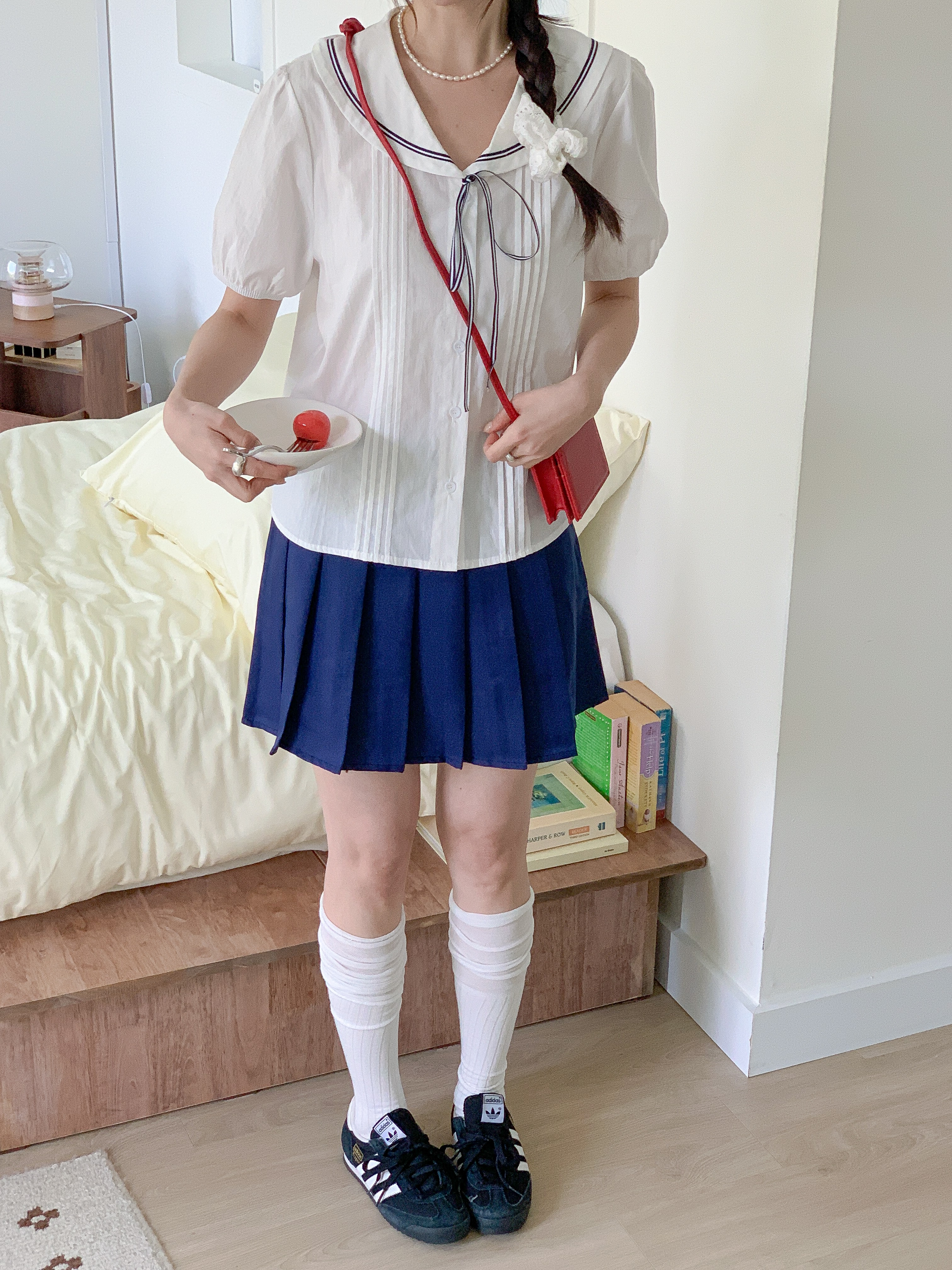 コットンセーラーカラーピンタックパフスリーブ半袖リボンブラウス | 詳細画像6