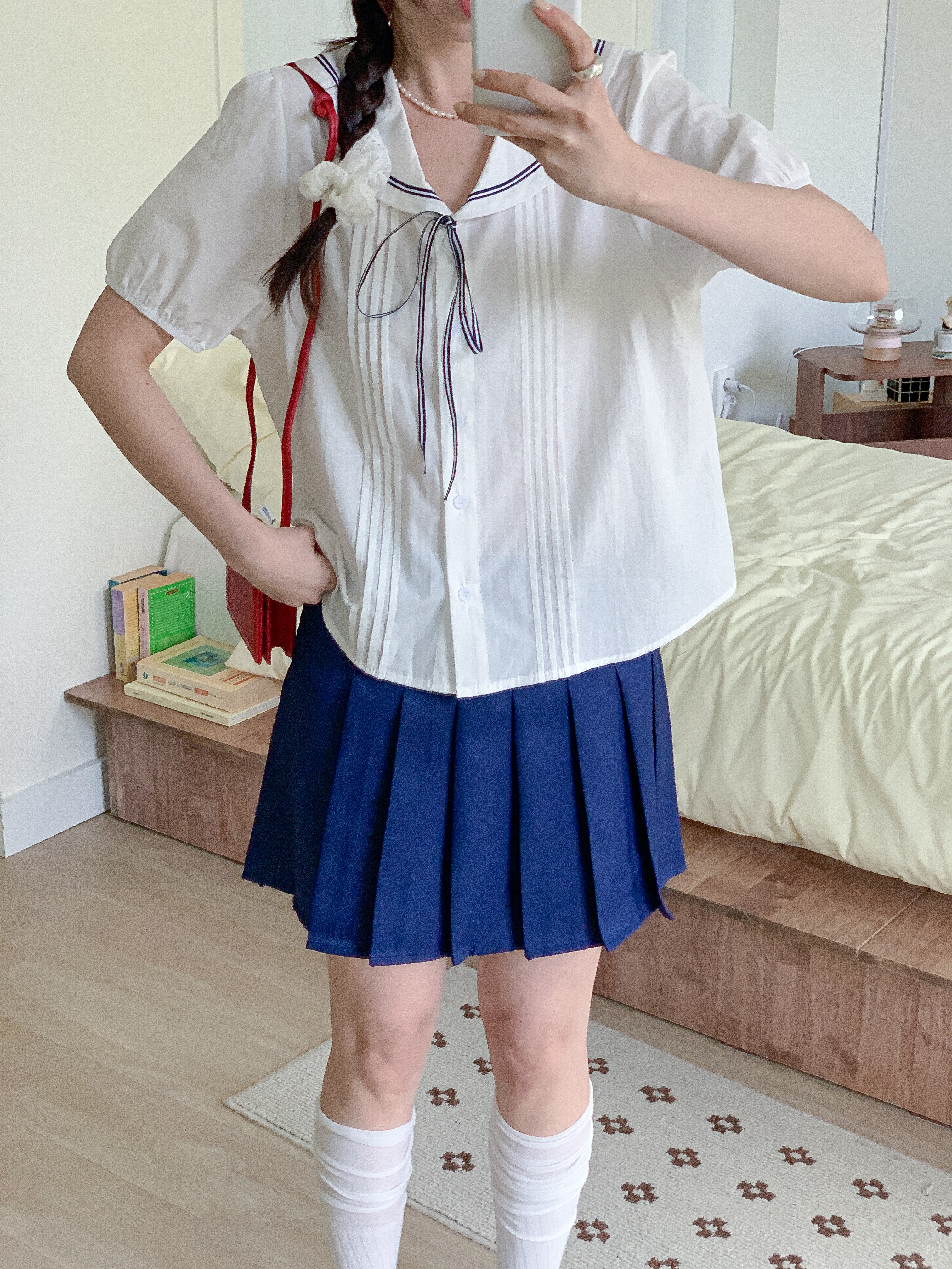 コットンセーラーカラーピンタックパフスリーブ半袖リボンブラウス | 詳細画像7