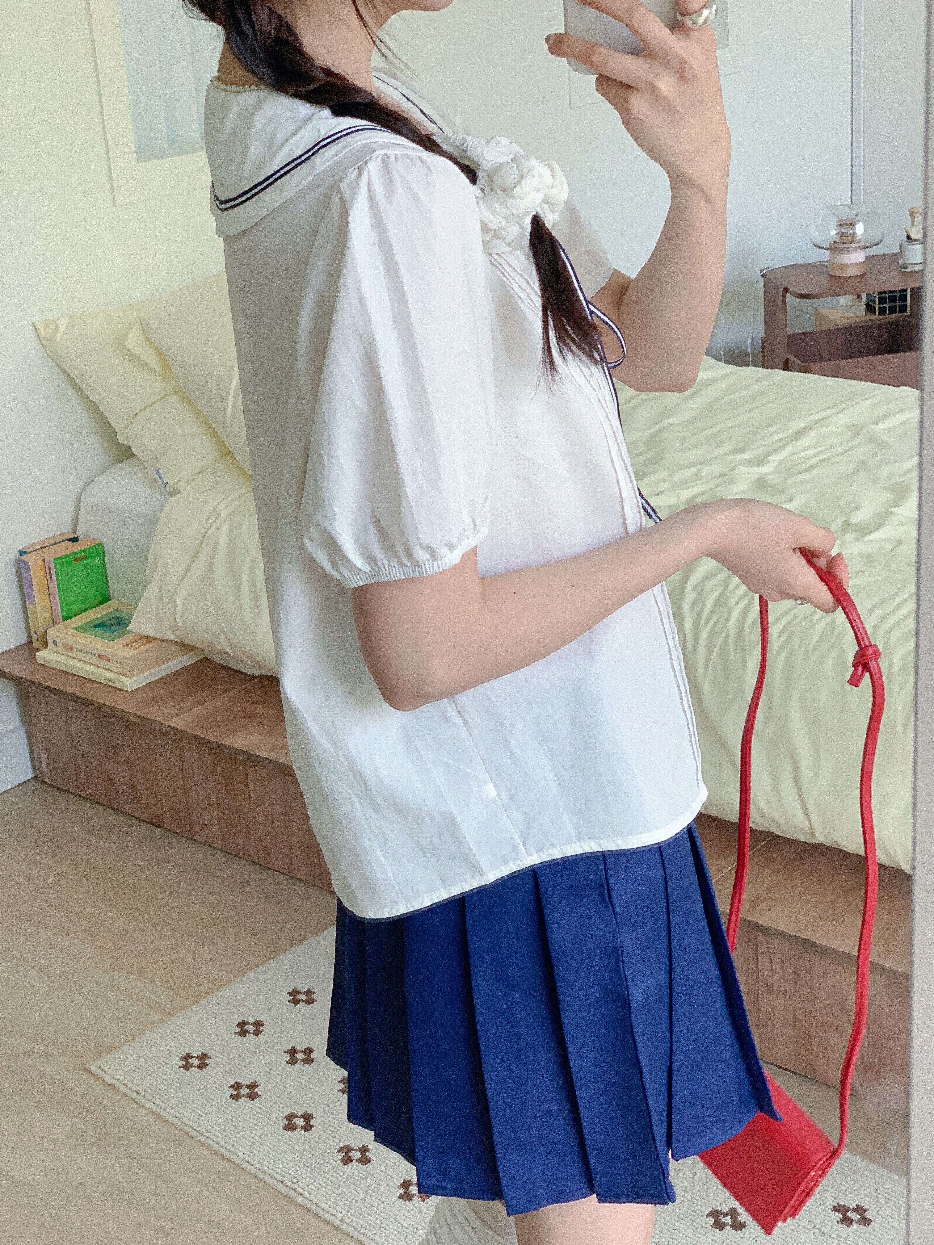 コットンセーラーカラーピンタックパフスリーブ半袖リボンブラウス | 詳細画像8