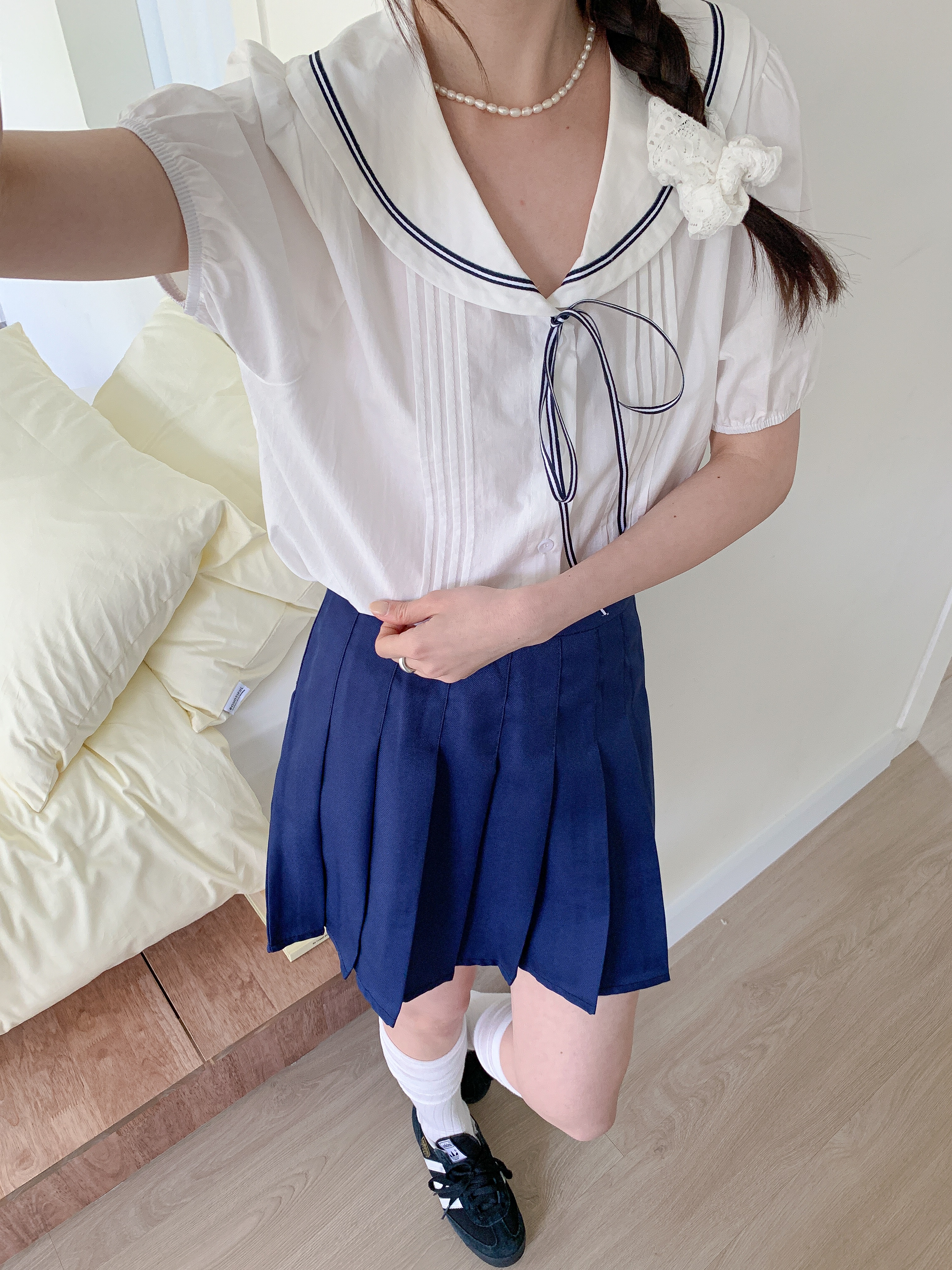 コットンセーラーカラーピンタックパフスリーブ半袖リボンブラウス | 詳細画像9