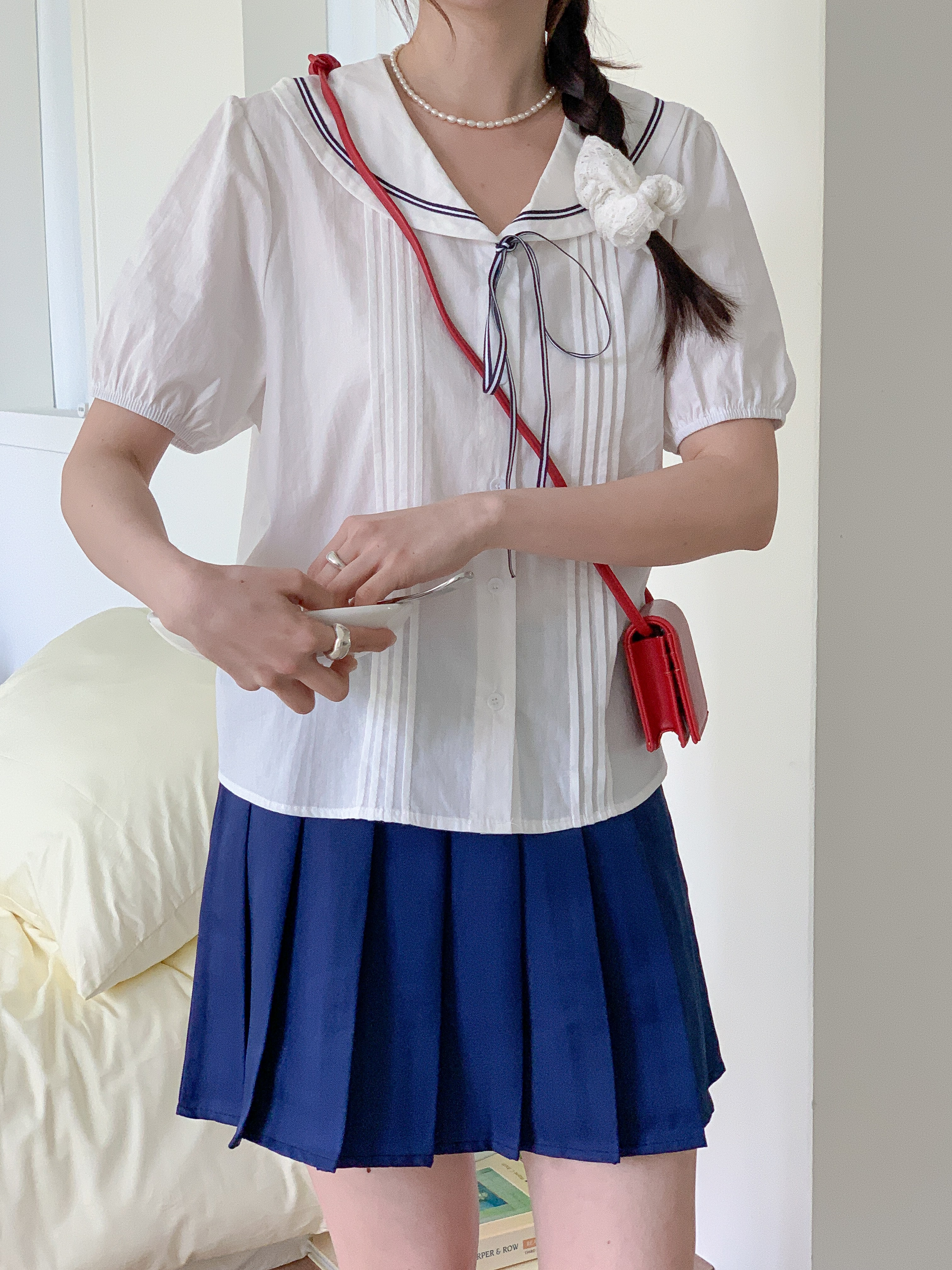 コットンセーラーカラーピンタックパフスリーブ半袖リボンブラウス | 詳細画像10