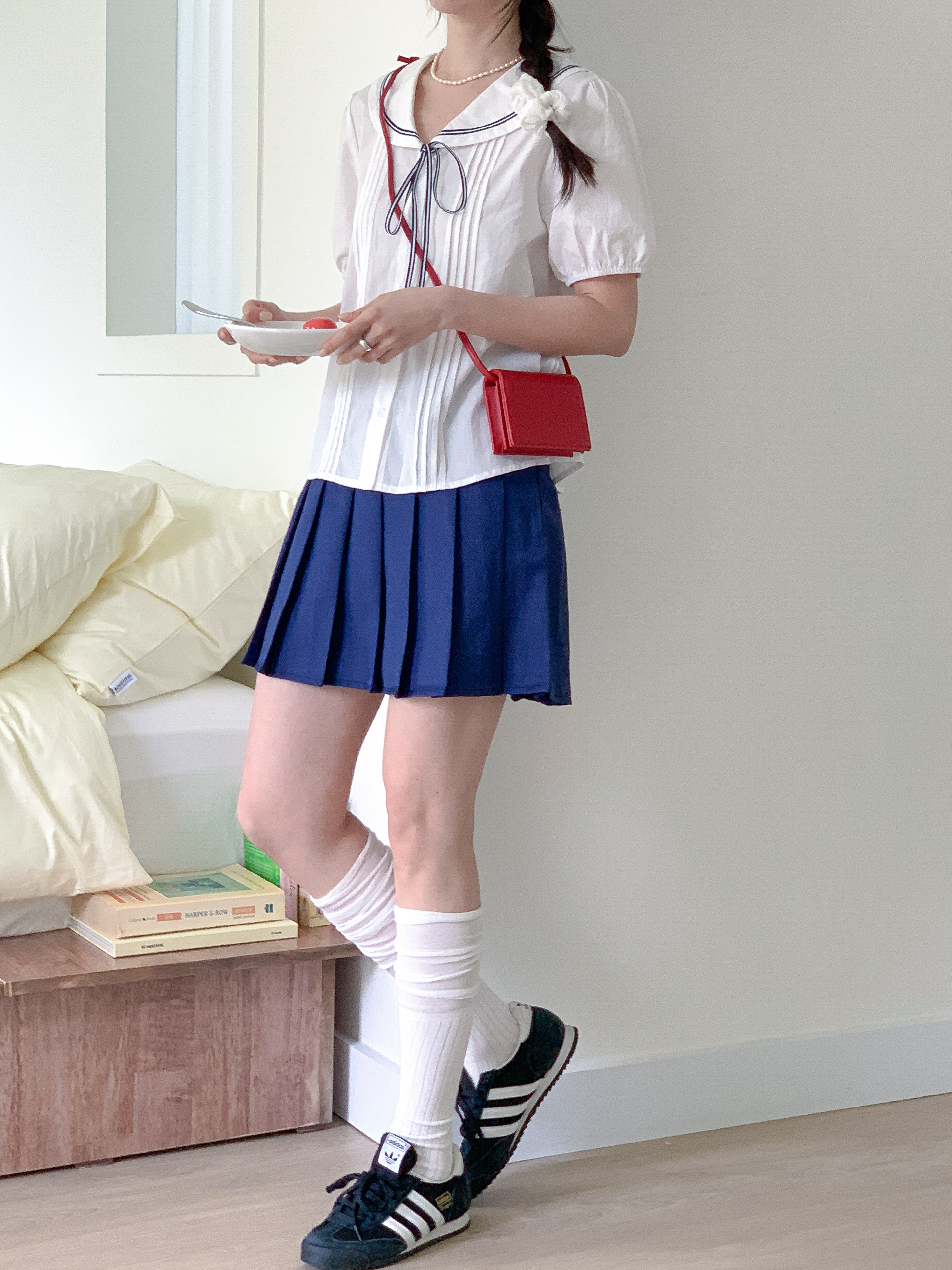 コットンセーラーカラーピンタックパフスリーブ半袖リボンブラウス | 詳細画像11