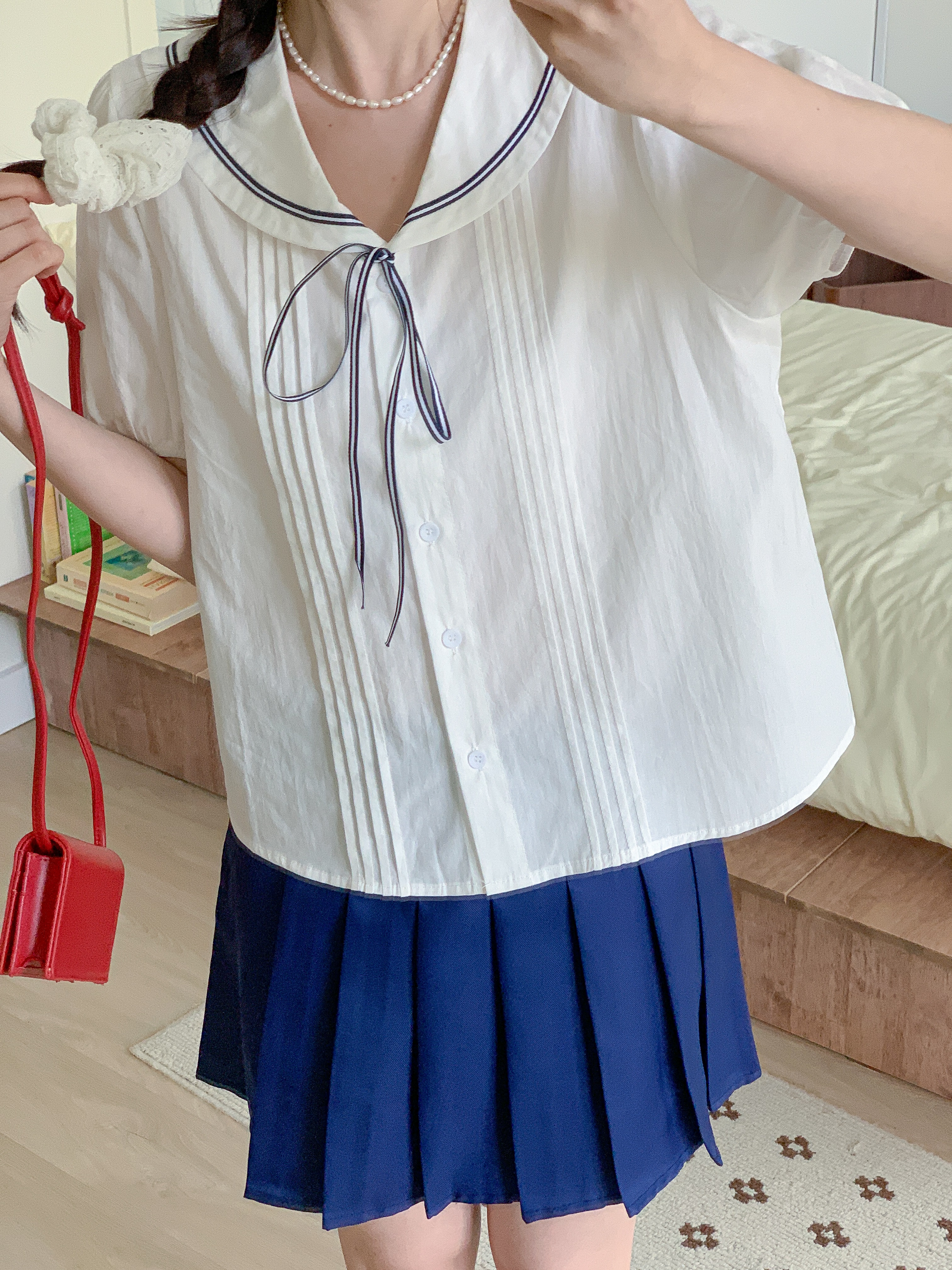 コットンセーラーカラーピンタックパフスリーブ半袖リボンブラウス | 詳細画像12