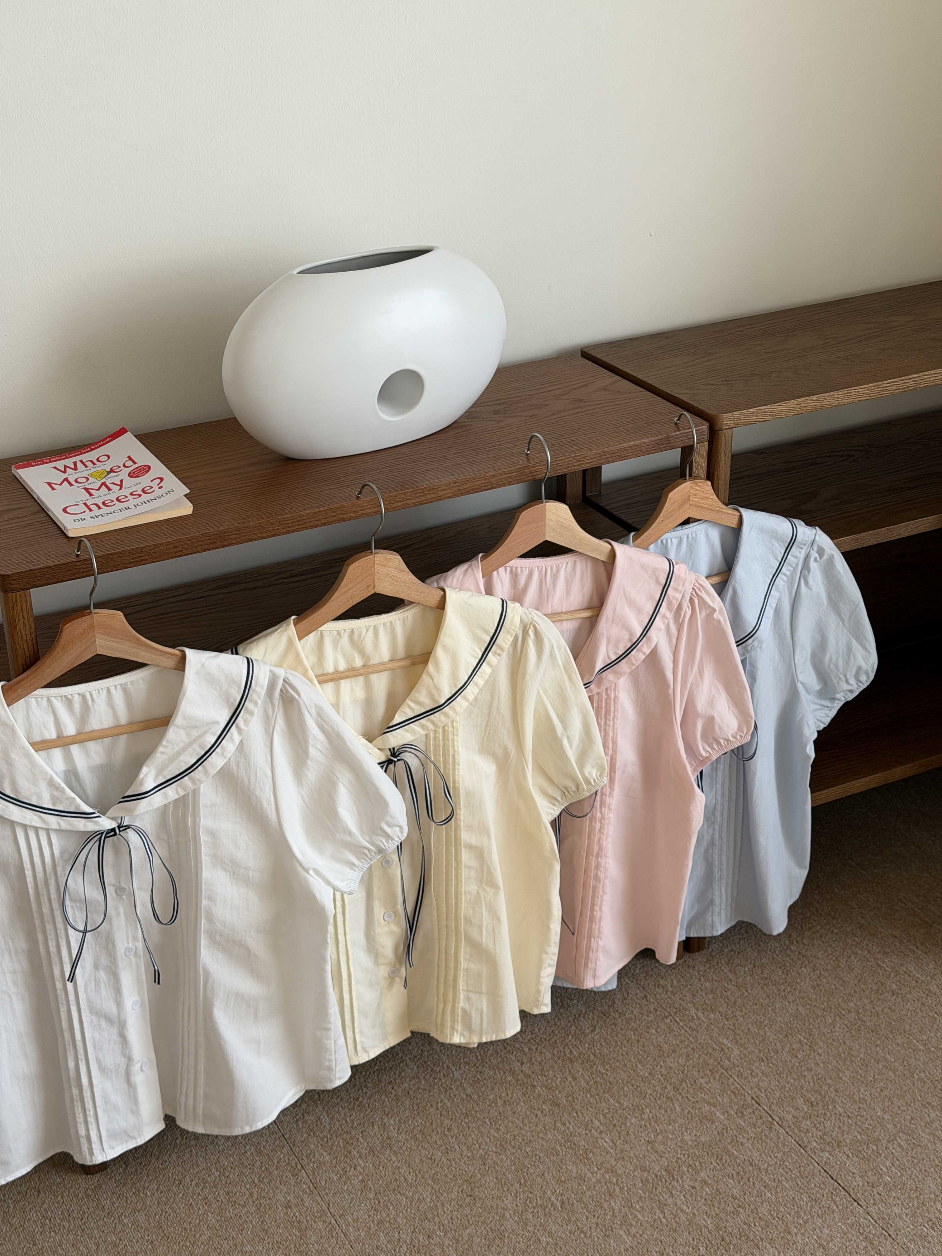 コットンセーラーカラーピンタックパフスリーブ半袖リボンブラウス | 詳細画像14