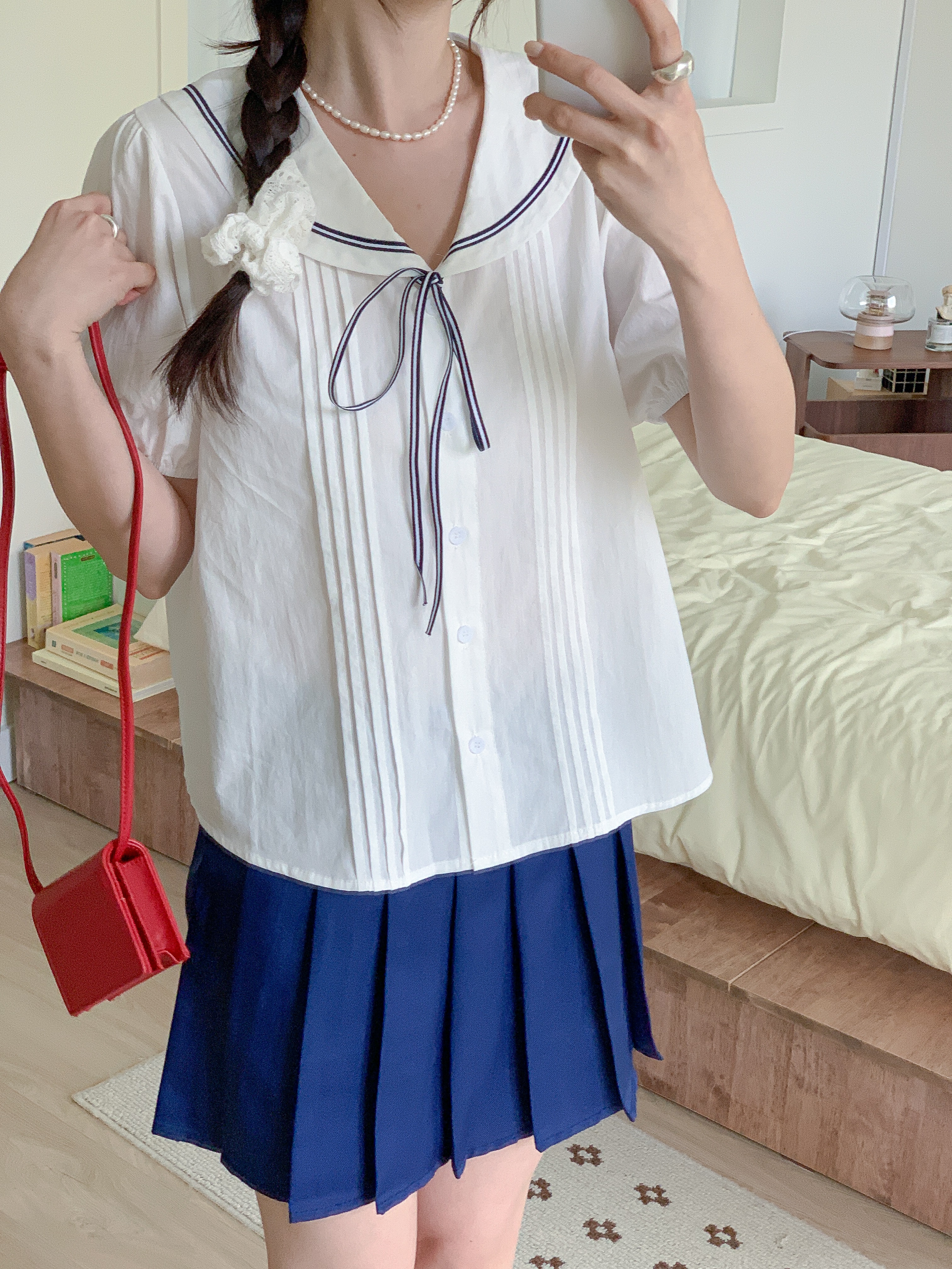 コットンセーラーカラーピンタックパフスリーブ半袖リボンブラウス | 詳細画像16