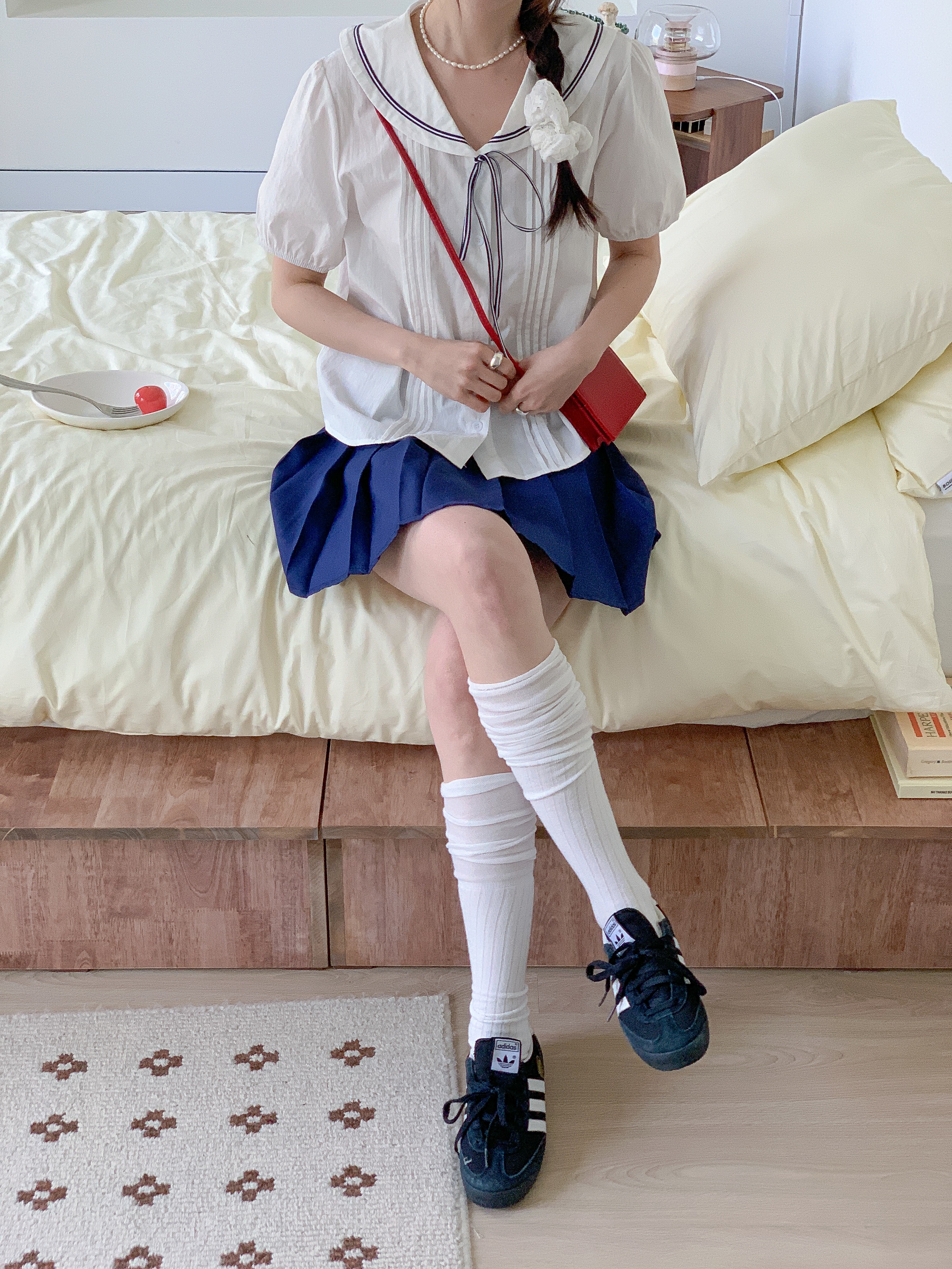 コットンセーラーカラーピンタックパフスリーブ半袖リボンブラウス | 詳細画像17