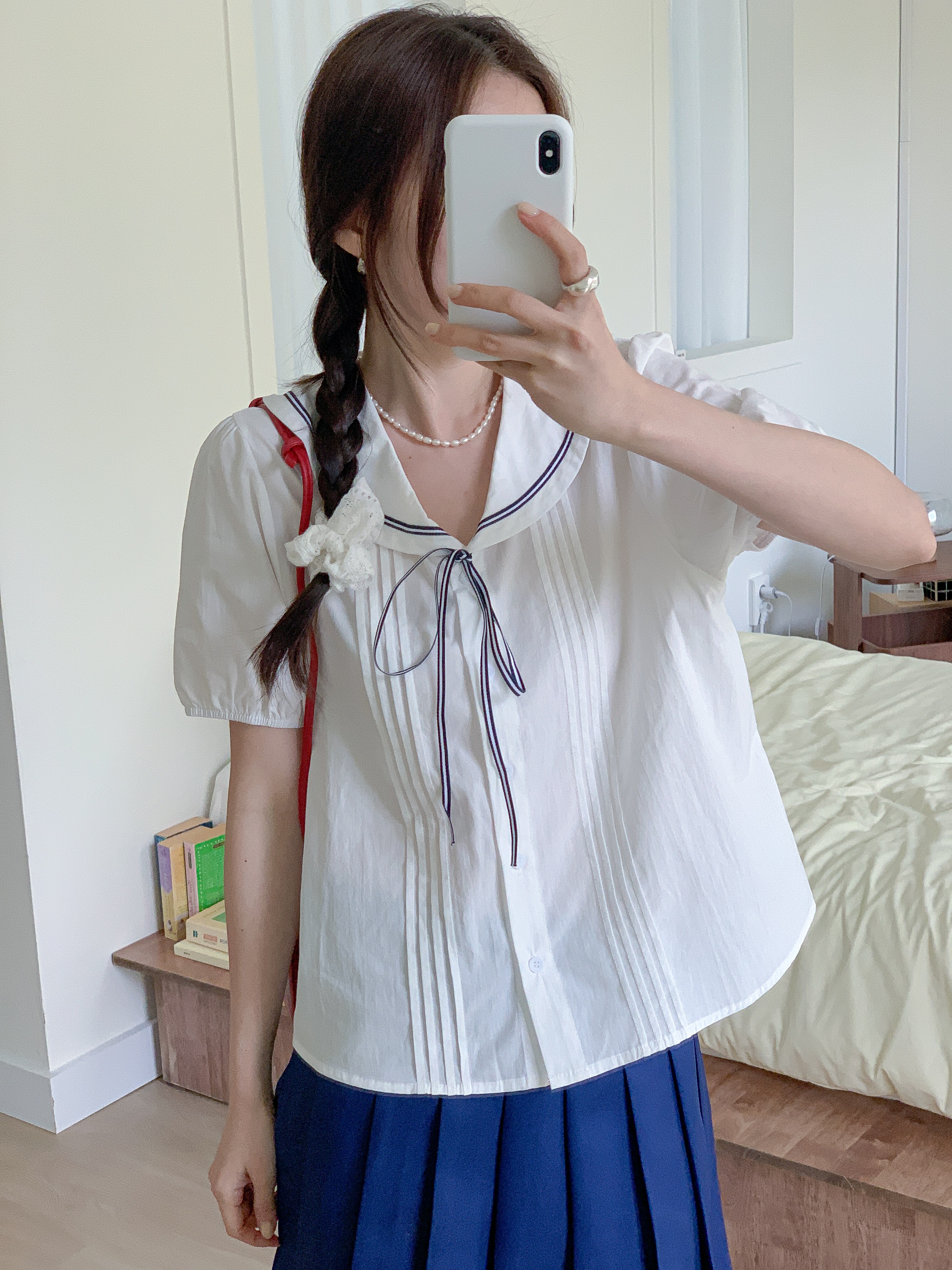 コットンセーラーカラーピンタックパフスリーブ半袖リボンブラウス | 詳細画像21