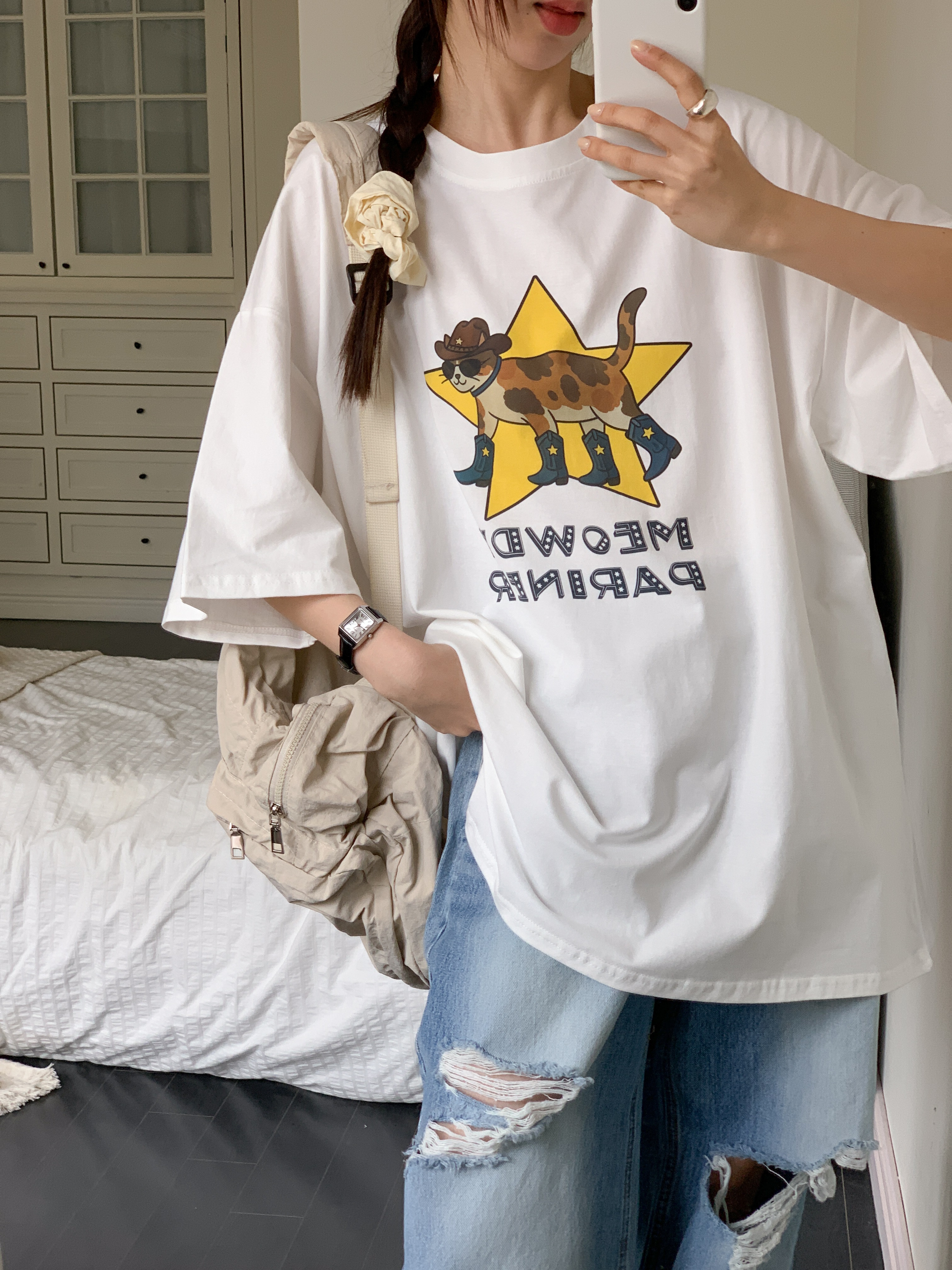 コットンラウンドネックオーバーサイズボクシー半袖プリントTシャツ | 詳細画像4