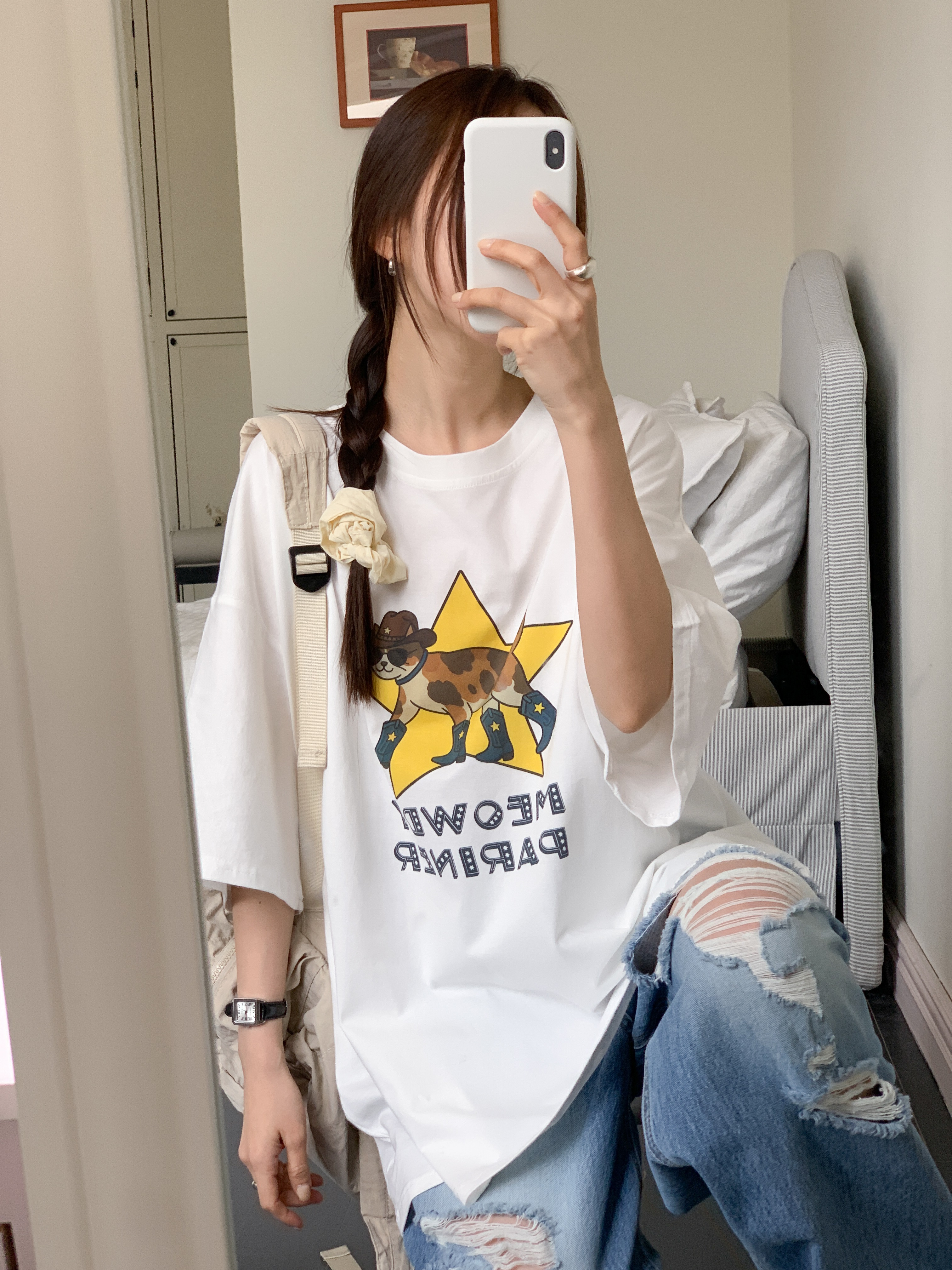 コットンラウンドネックオーバーサイズボクシー半袖プリントTシャツ | 詳細画像6