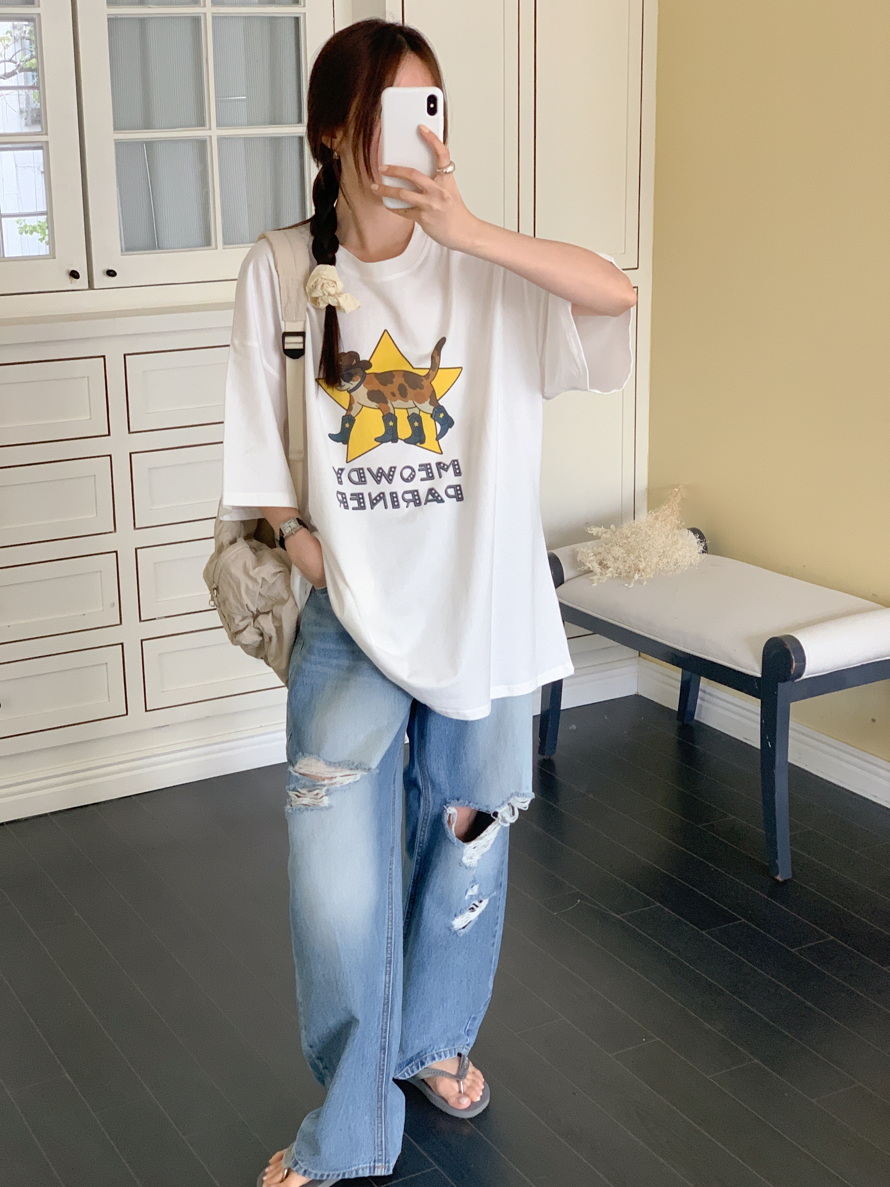 コットンラウンドネックオーバーサイズボクシー半袖プリントTシャツ | 詳細画像7