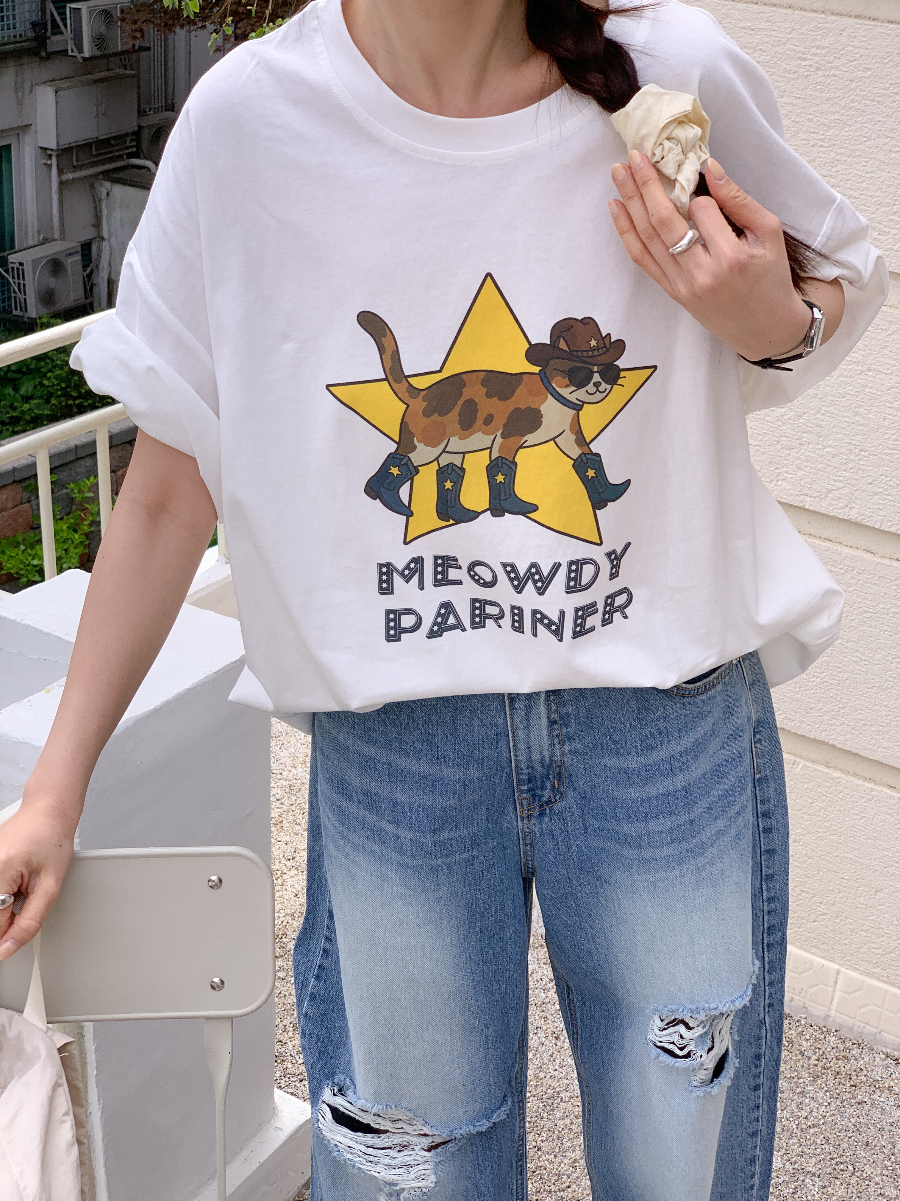 コットンラウンドネックオーバーサイズボクシー半袖プリントTシャツ | 詳細画像10